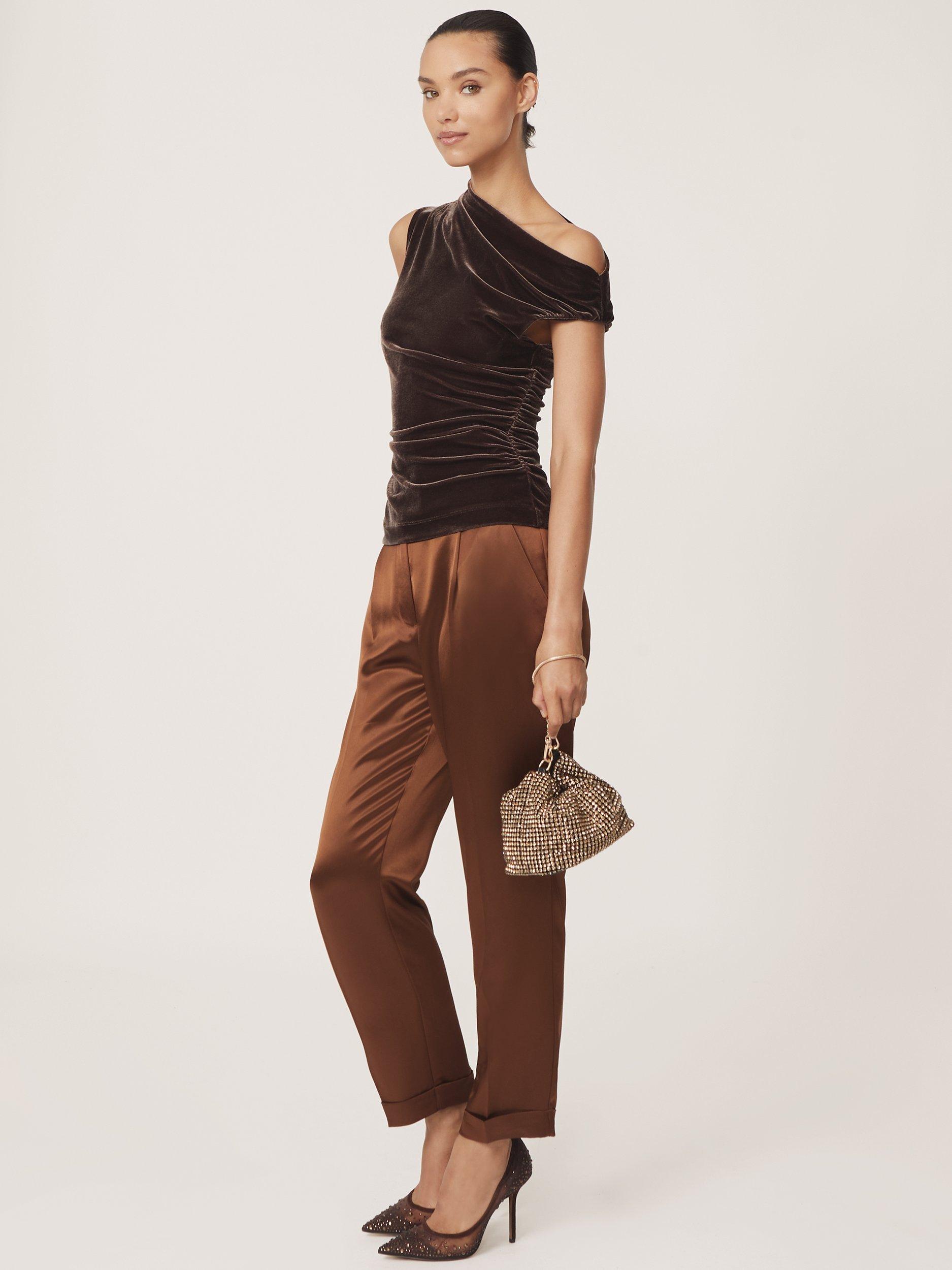 Product image 1 of 5, which shows Reiss Demi Off Shoulder Velvet Top, Chocolate Brown, 8