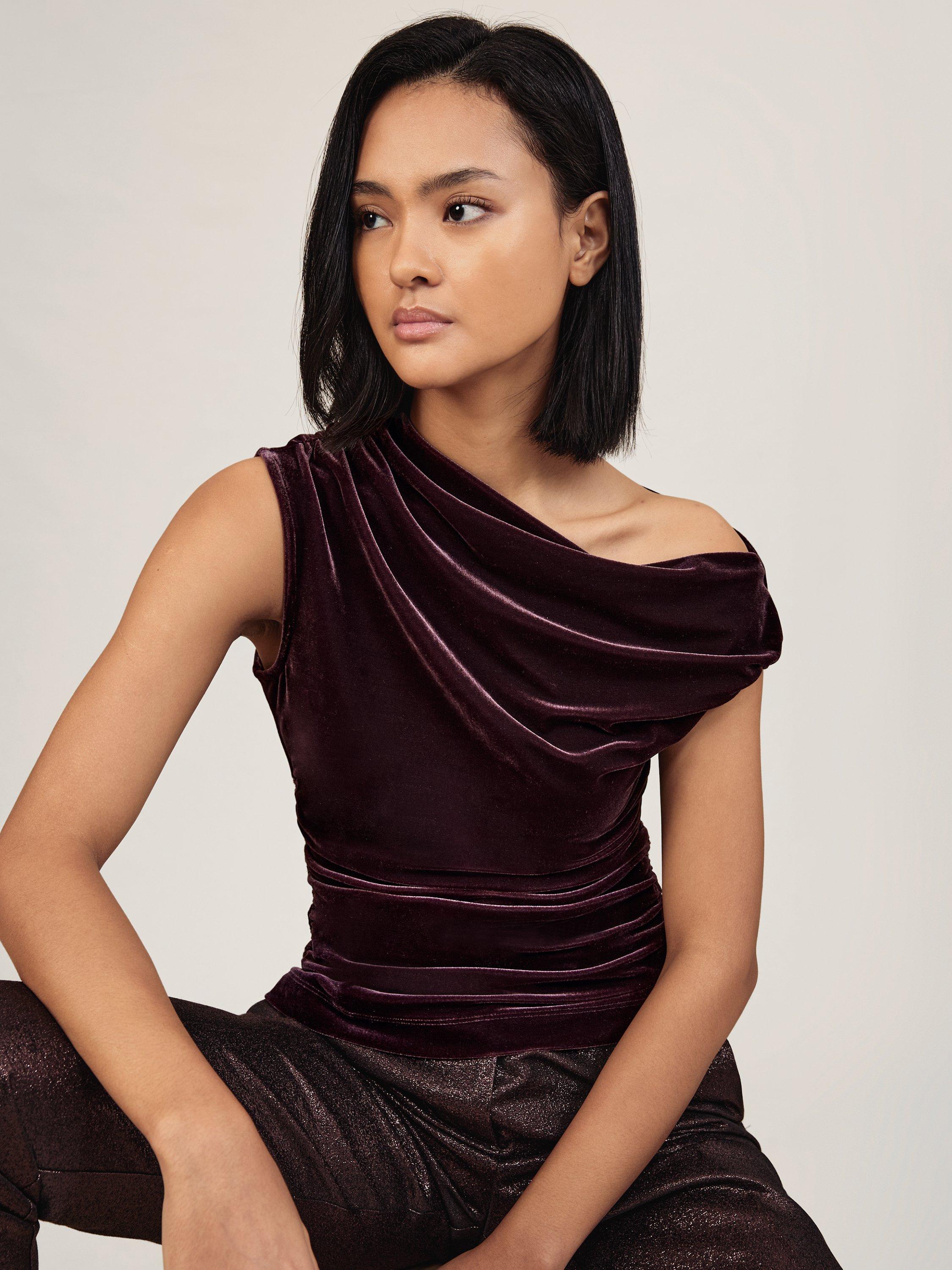 Reiss Demi Off Shoulder Velvet Top, Plum Purple, 10