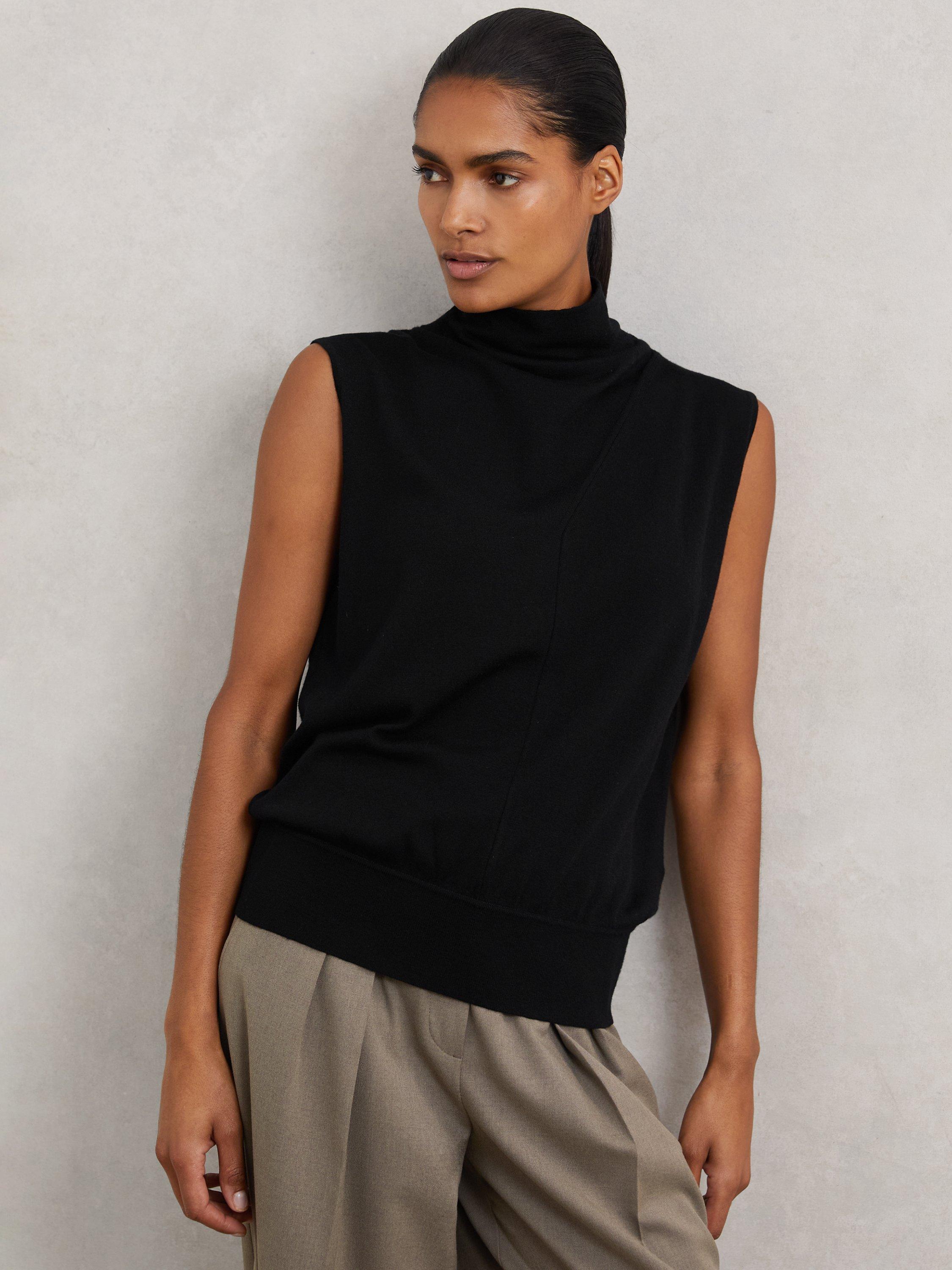 Product image 1 of 5, which shows Reiss Harper High Neck Wool Jersey Top, Black, XS