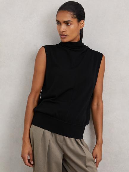 Reiss Harper High Neck Wool Jersey Top, Black