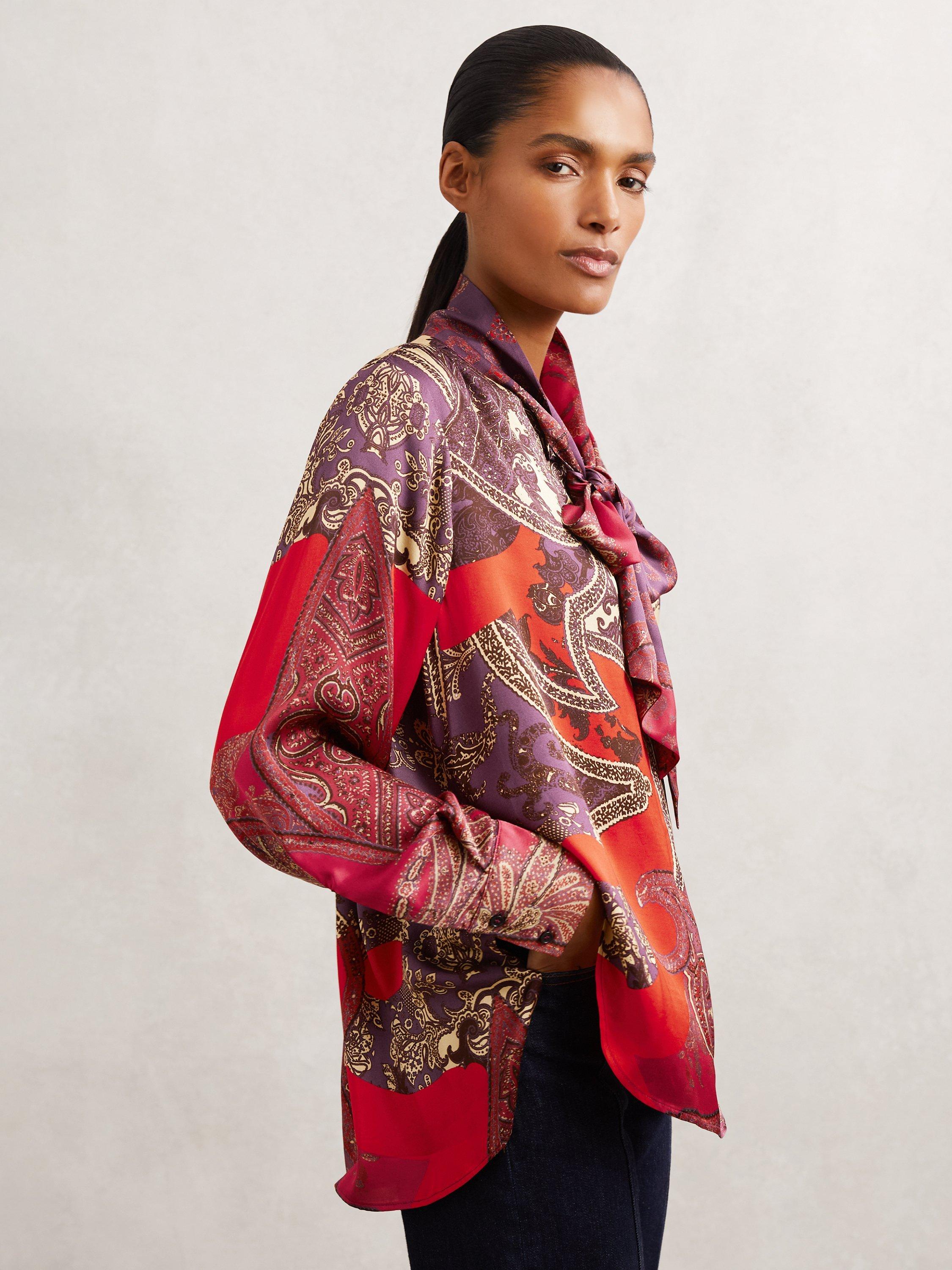 Product image 1 of 5, which shows Reiss Jade Paisley Top, Red, 6