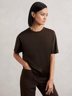 Reiss Lena Pure Silk T-Shirt, Chocolate Brown