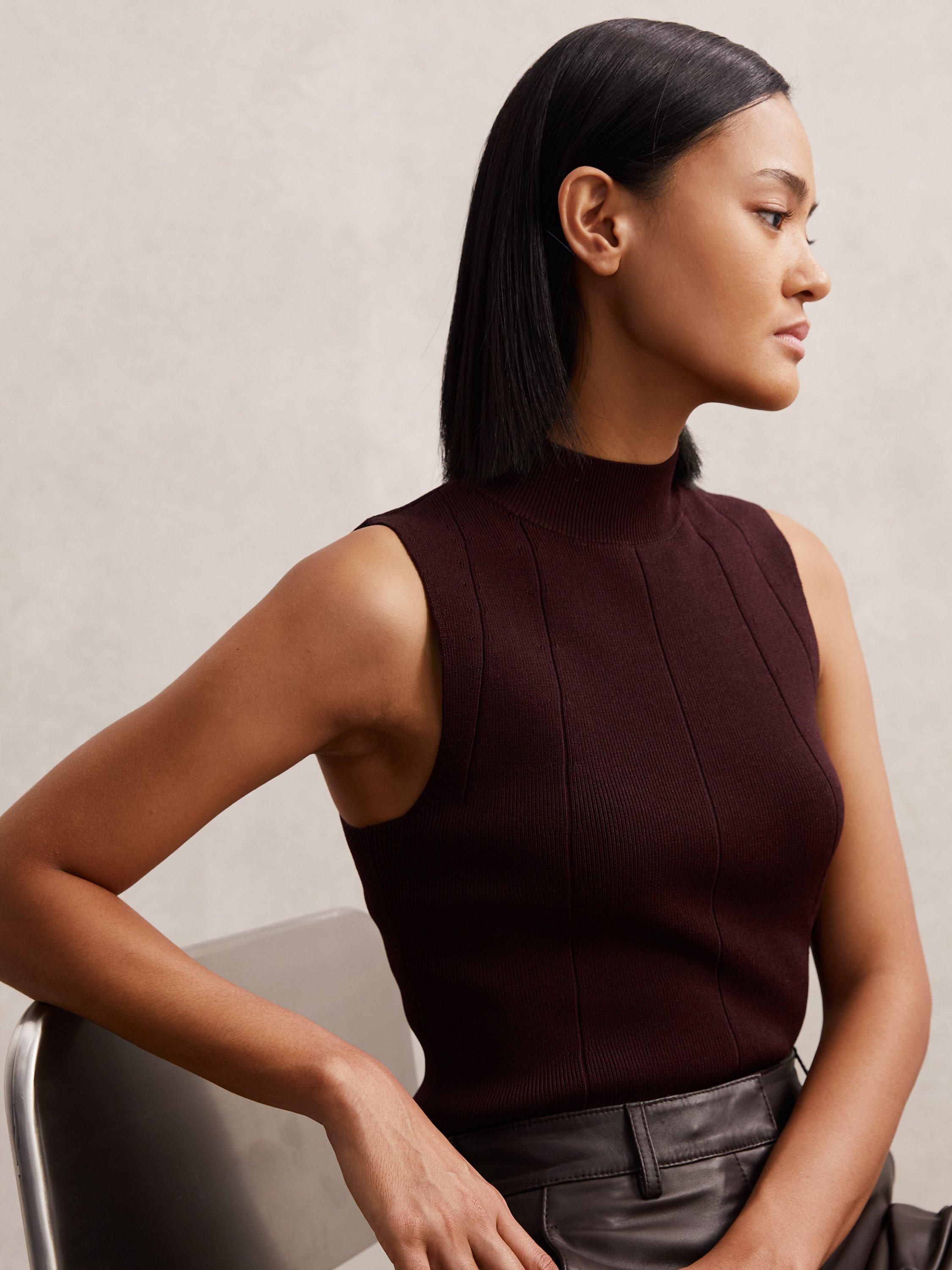 Product image 1 of 5, which shows Reiss Milan Sleeveless High Neck Top, Burgundy, XS