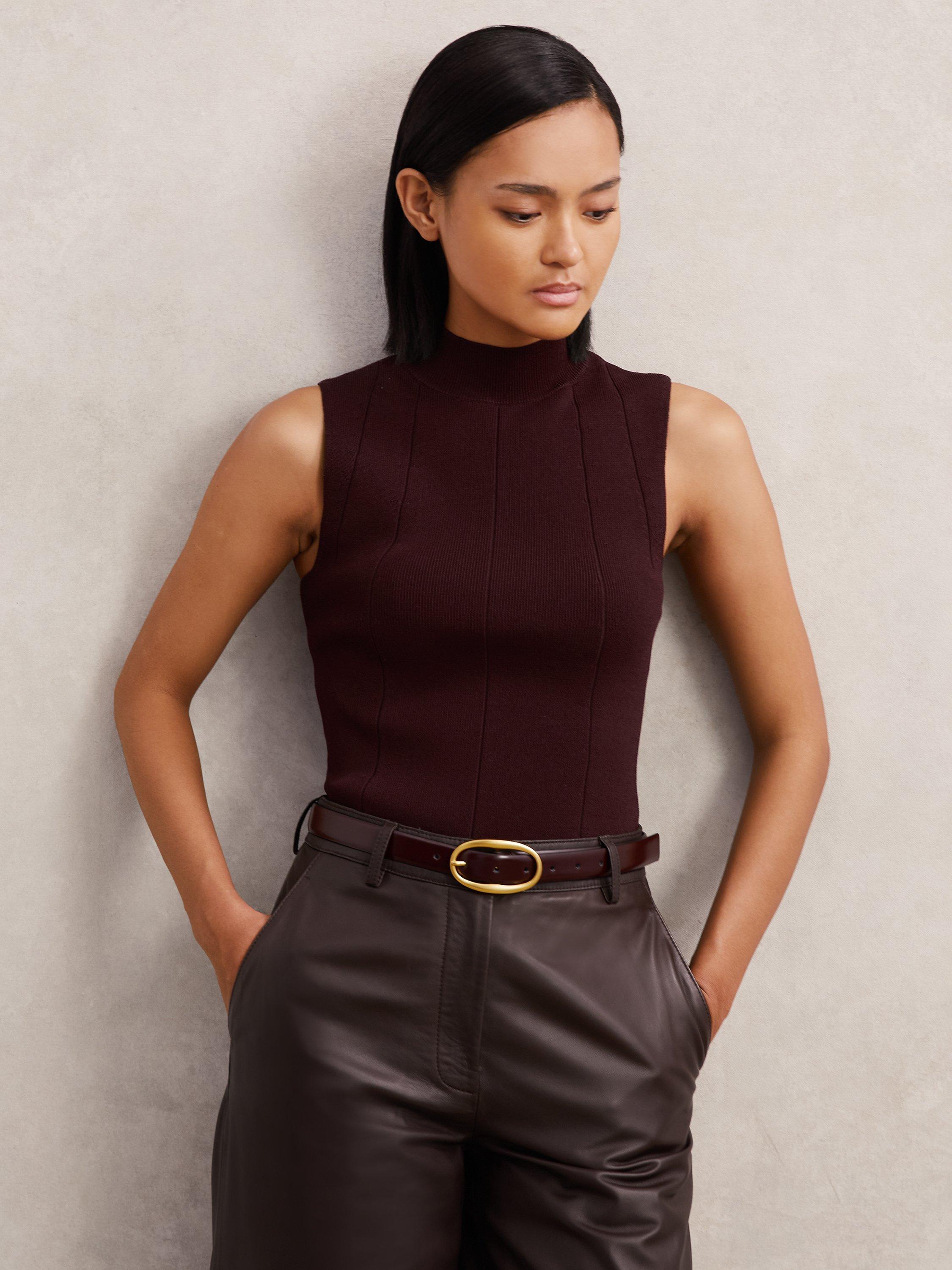 Product image 2 of 5, which shows Reiss Milan Sleeveless High Neck Top, Burgundy, XS