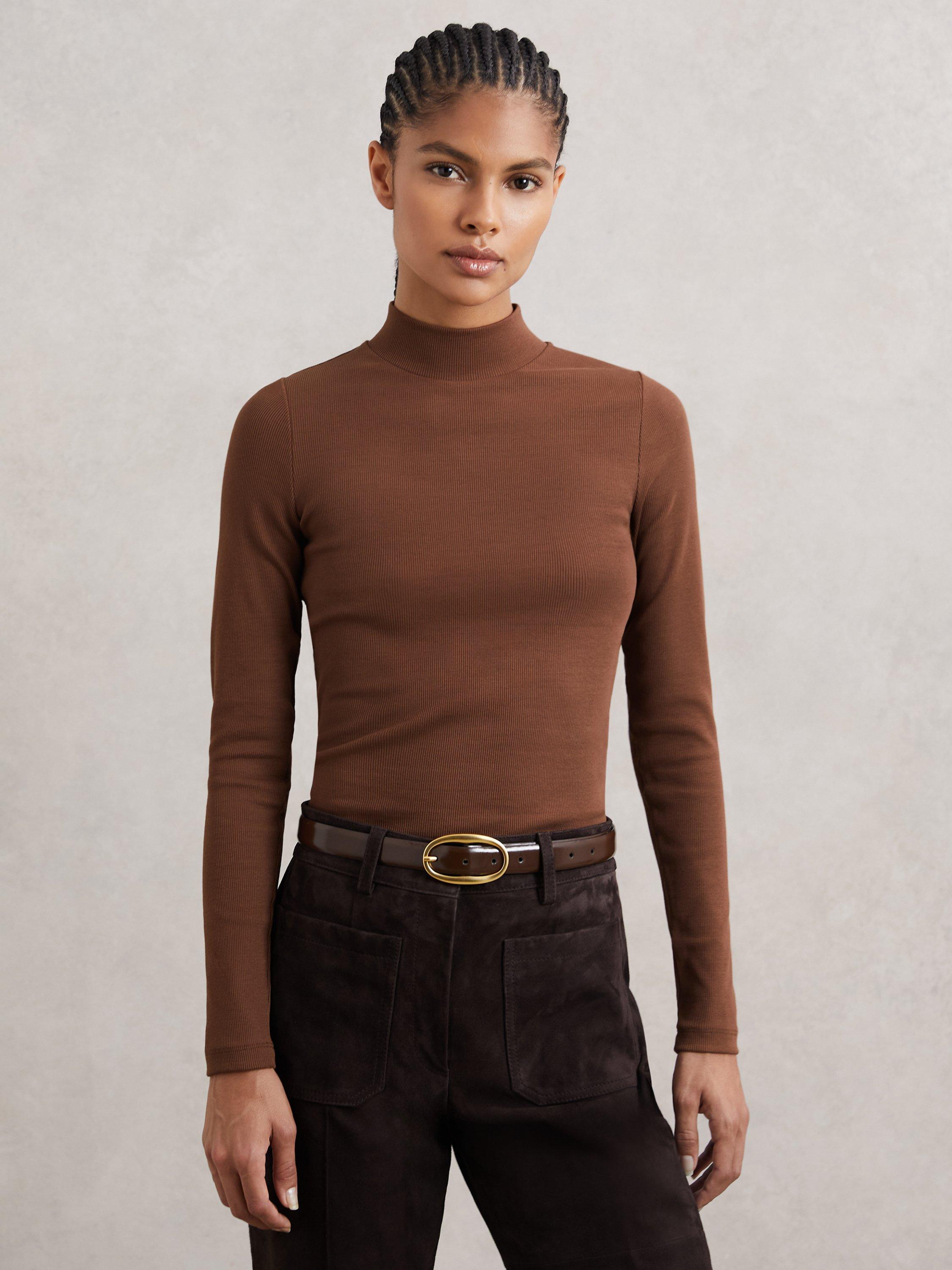 Product image 1 of 5, which shows Reiss Polly Ribbed Funnel Neck Top, Brown, XS