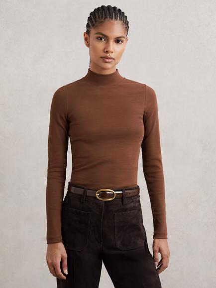 Reiss Polly Ribbed Funnel Neck Top, Brown