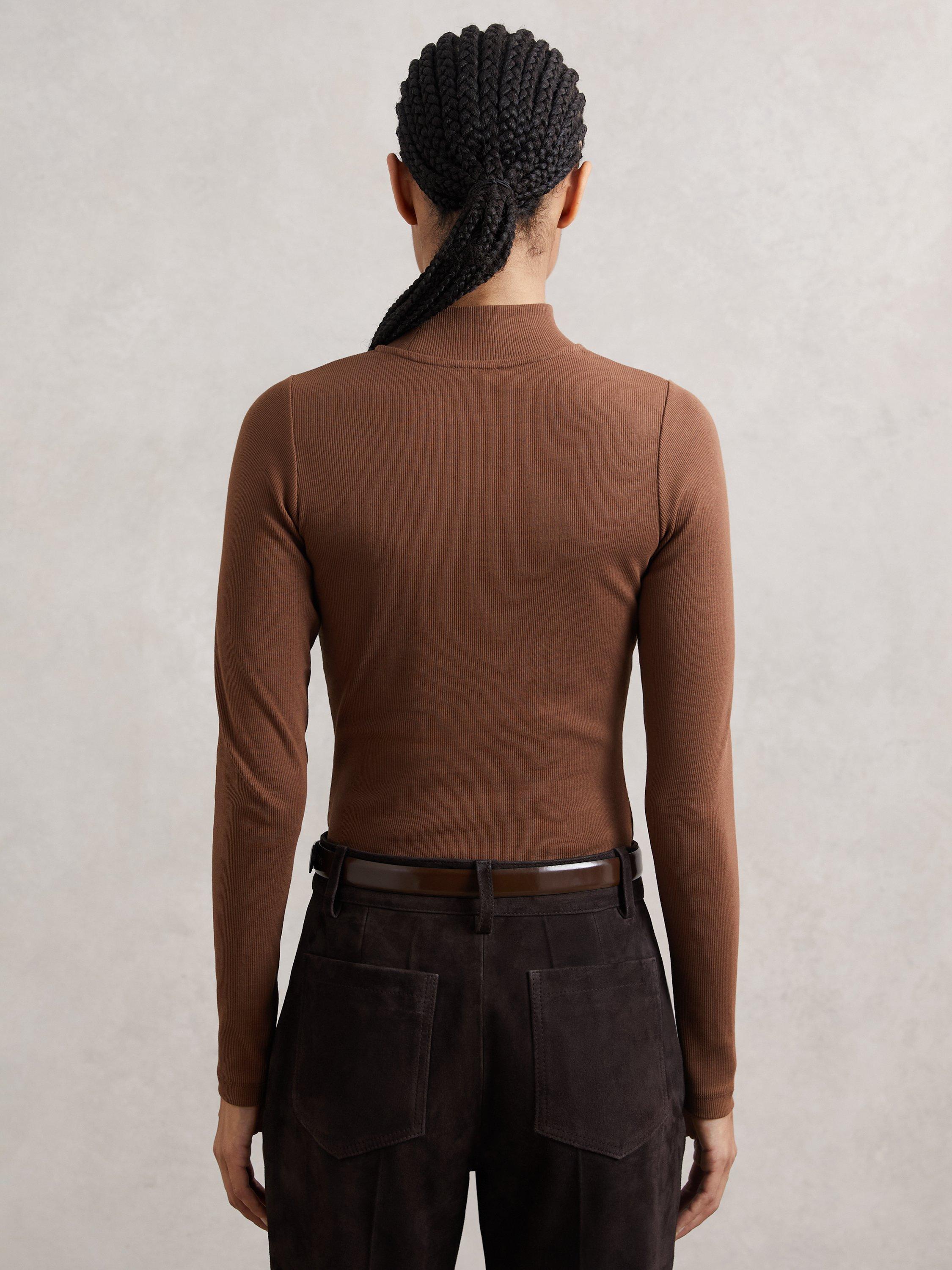 Product image 2 of 5, which shows Reiss Polly Ribbed Funnel Neck Top, Brown, XS