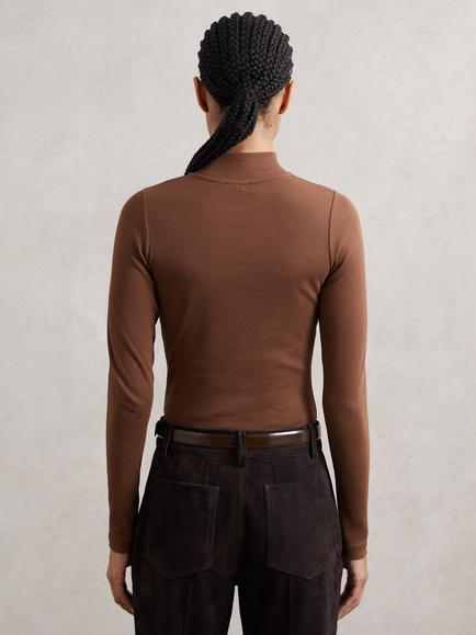 Reiss Polly Ribbed Funnel Neck Top - view 2, Brown