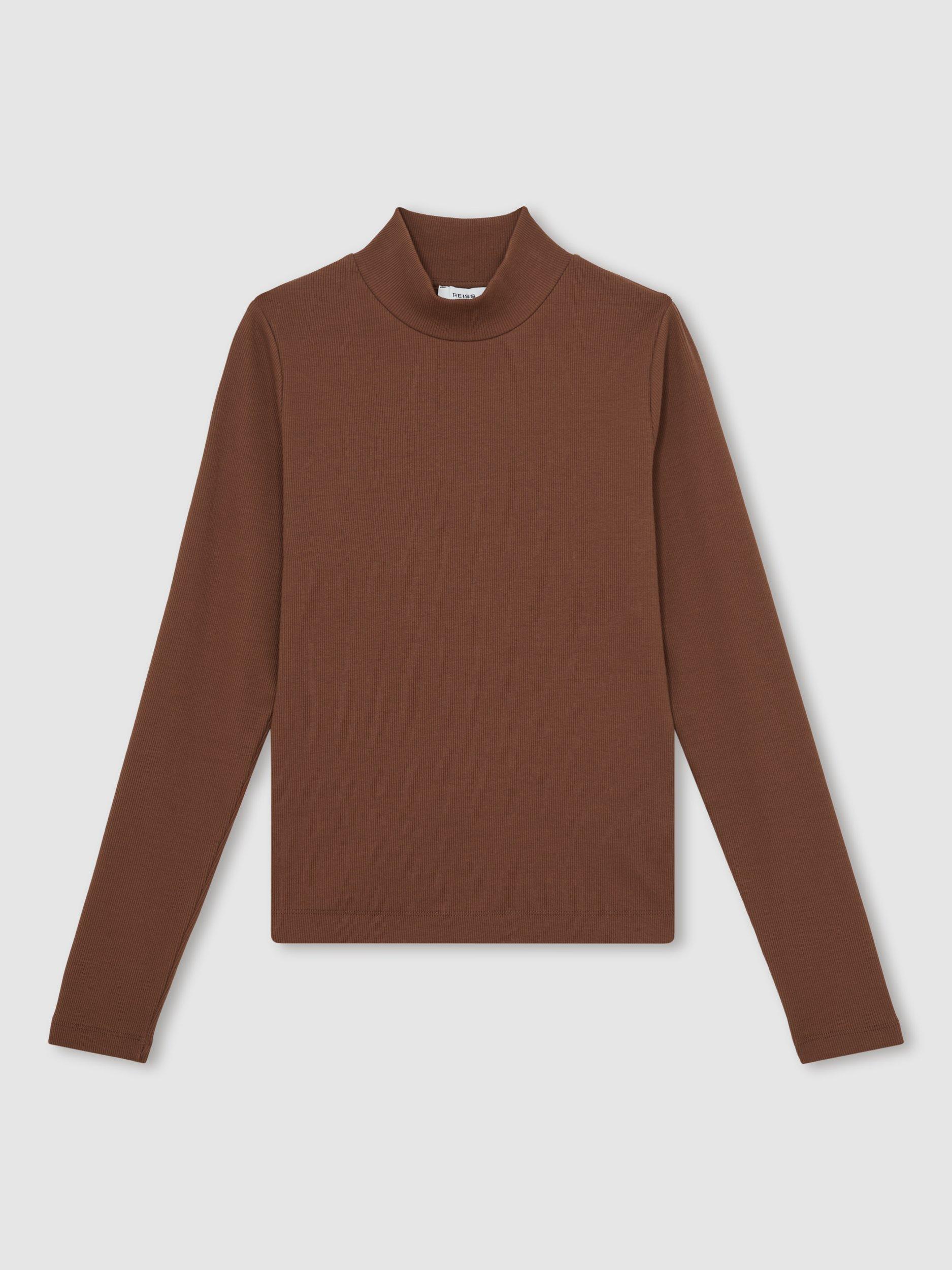 Product image 3 of 5, which shows Reiss Polly Ribbed Funnel Neck Top, Brown, XS
