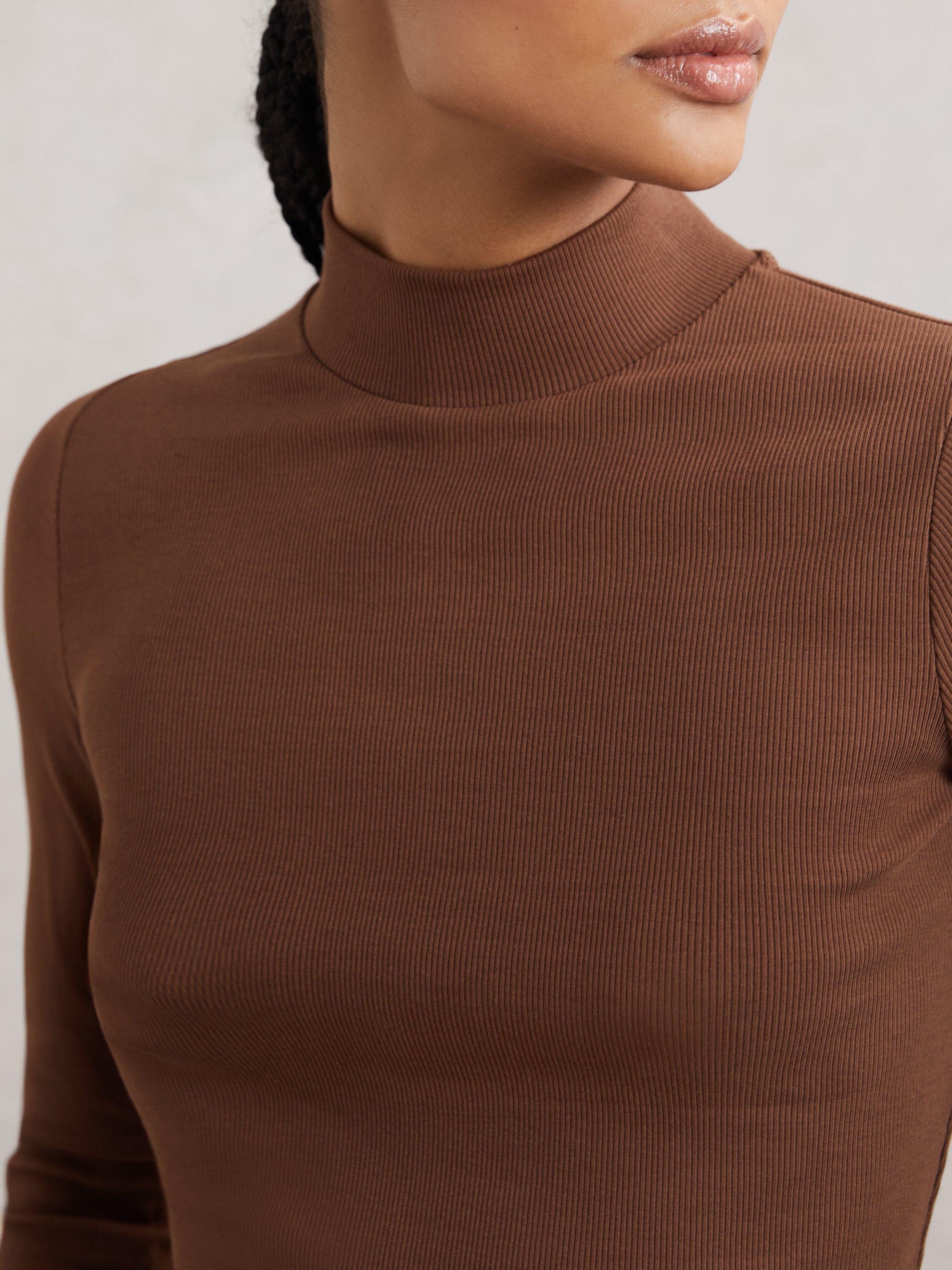 Product image 4 of 5, which shows Reiss Polly Ribbed Funnel Neck Top, Brown, XS