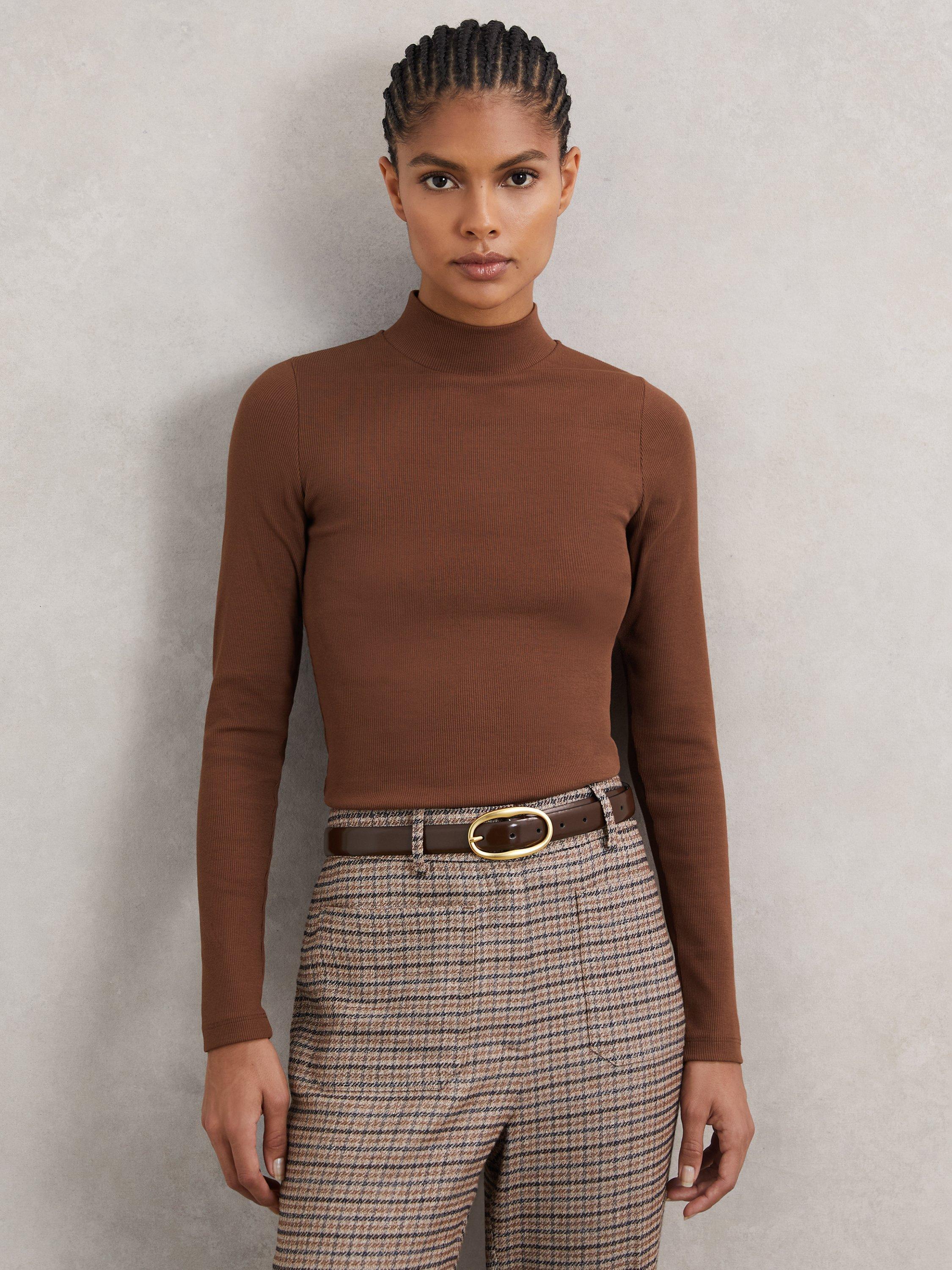 Product image 5 of 5, which shows Reiss Polly Ribbed Funnel Neck Top, Brown, XS