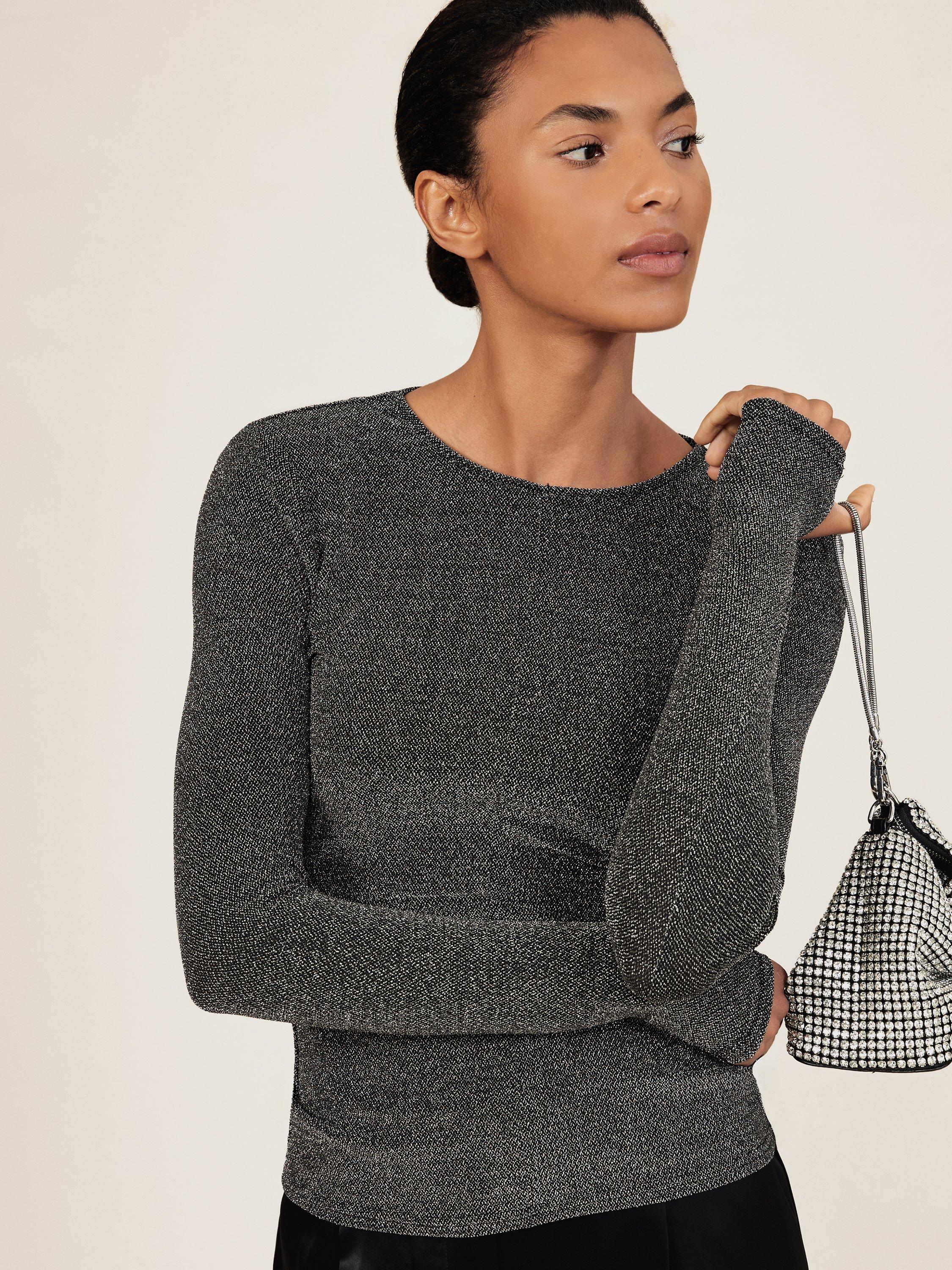 Product image 1 of 5, which shows Reiss Saraphina Sparkle Long Sleeve Jesrey Top, Silver, XS