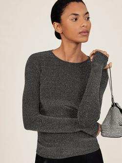 Reiss Saraphina Sparkle Long Sleeve Jesrey Top, Silver