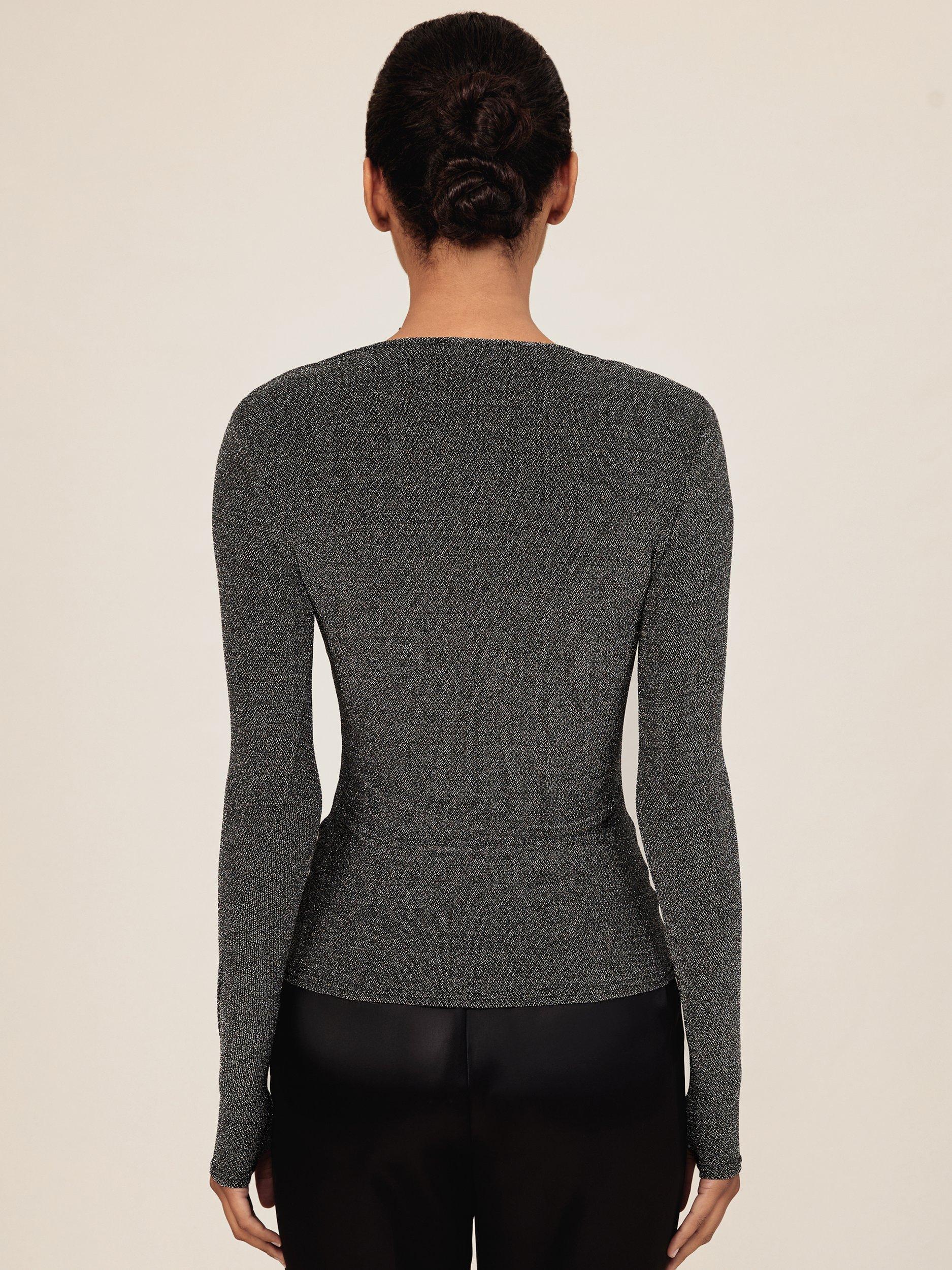 Product image 2 of 5, which shows Reiss Saraphina Sparkle Long Sleeve Jesrey Top, Silver, XS