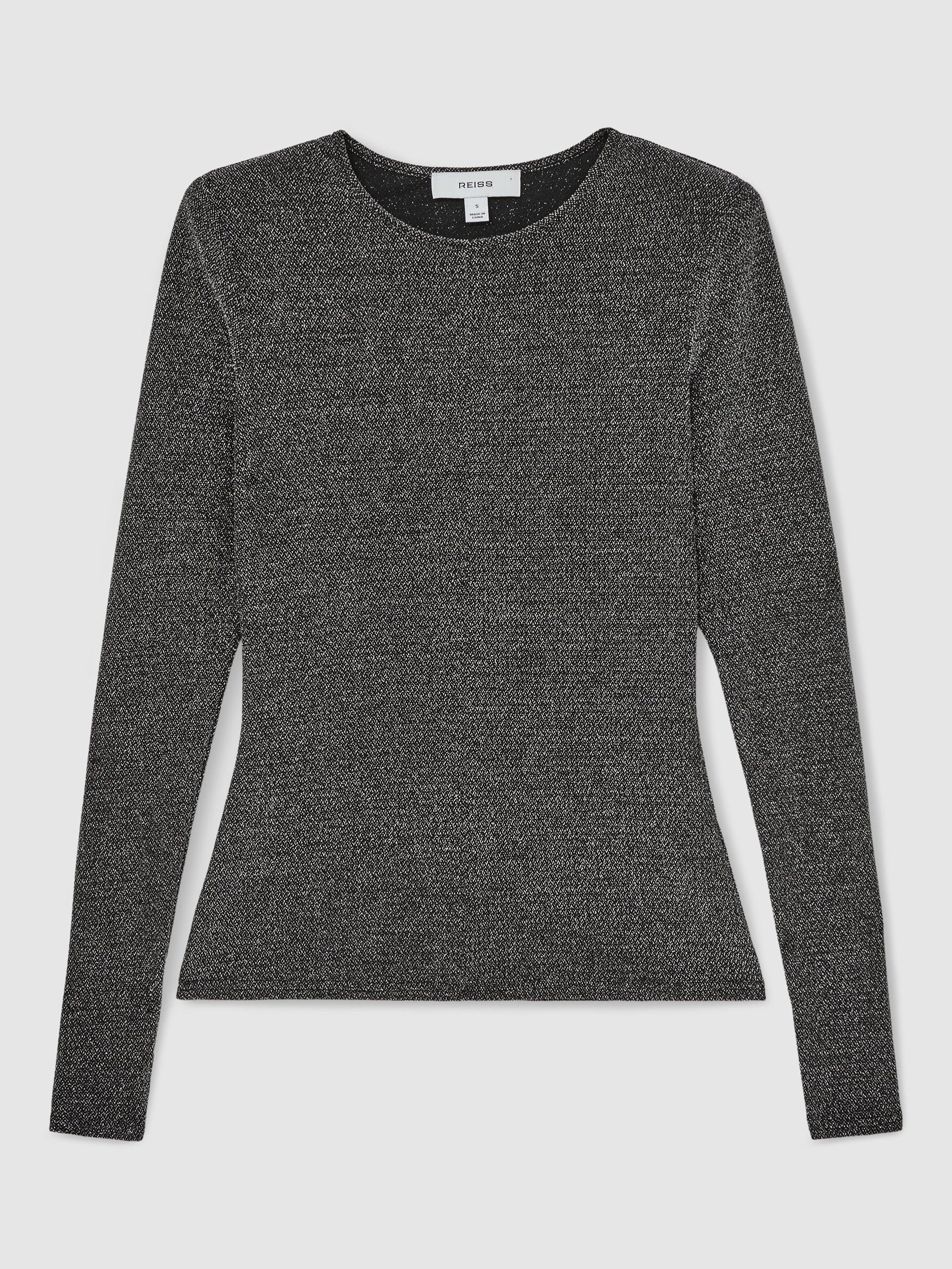 Product image 3 of 5, which shows Reiss Saraphina Sparkle Long Sleeve Jesrey Top, Silver, XS