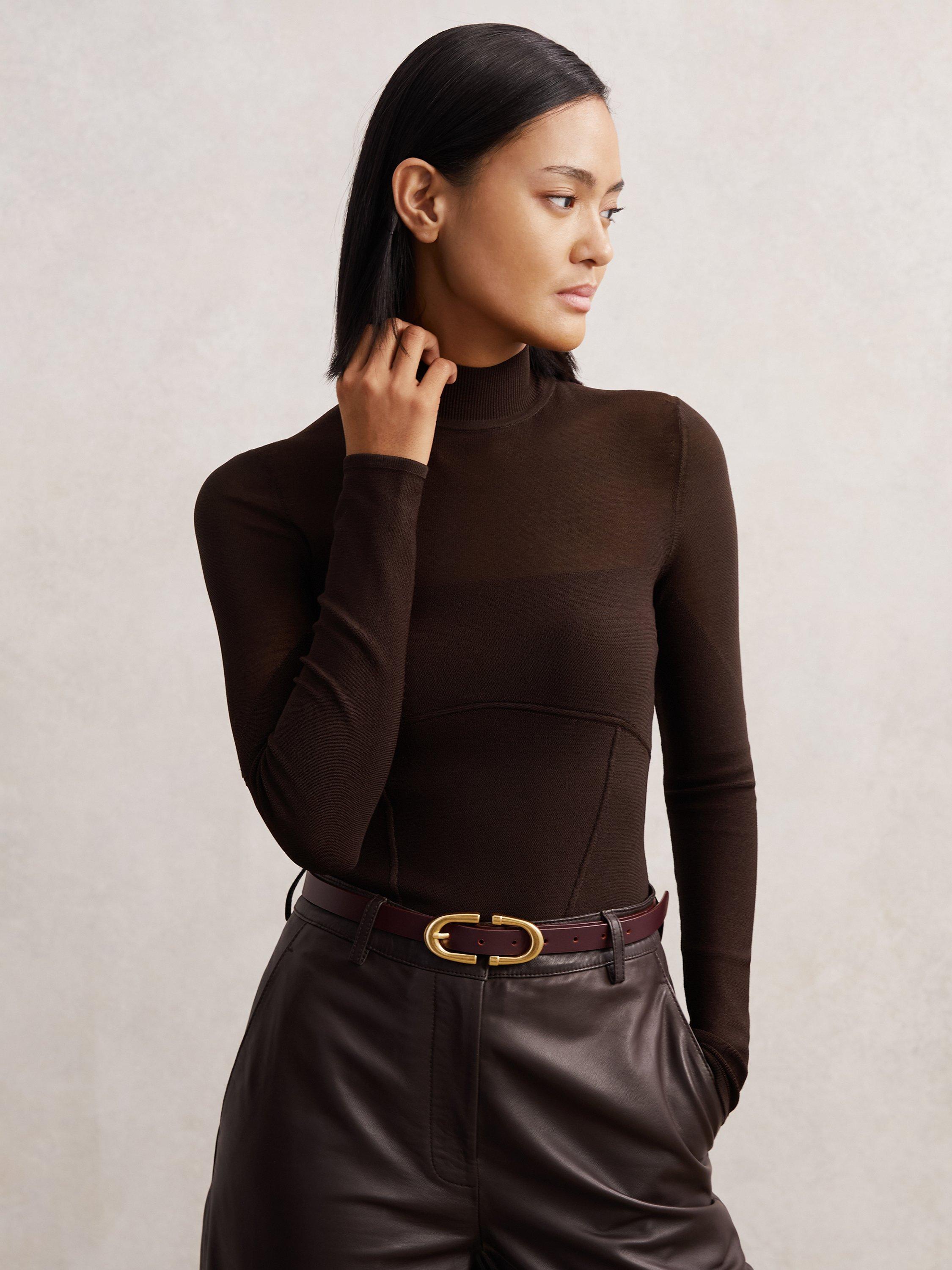 Product image 1 of 5, which shows Reiss Sofia High Neck Jumper, Chocolate Brown, XS