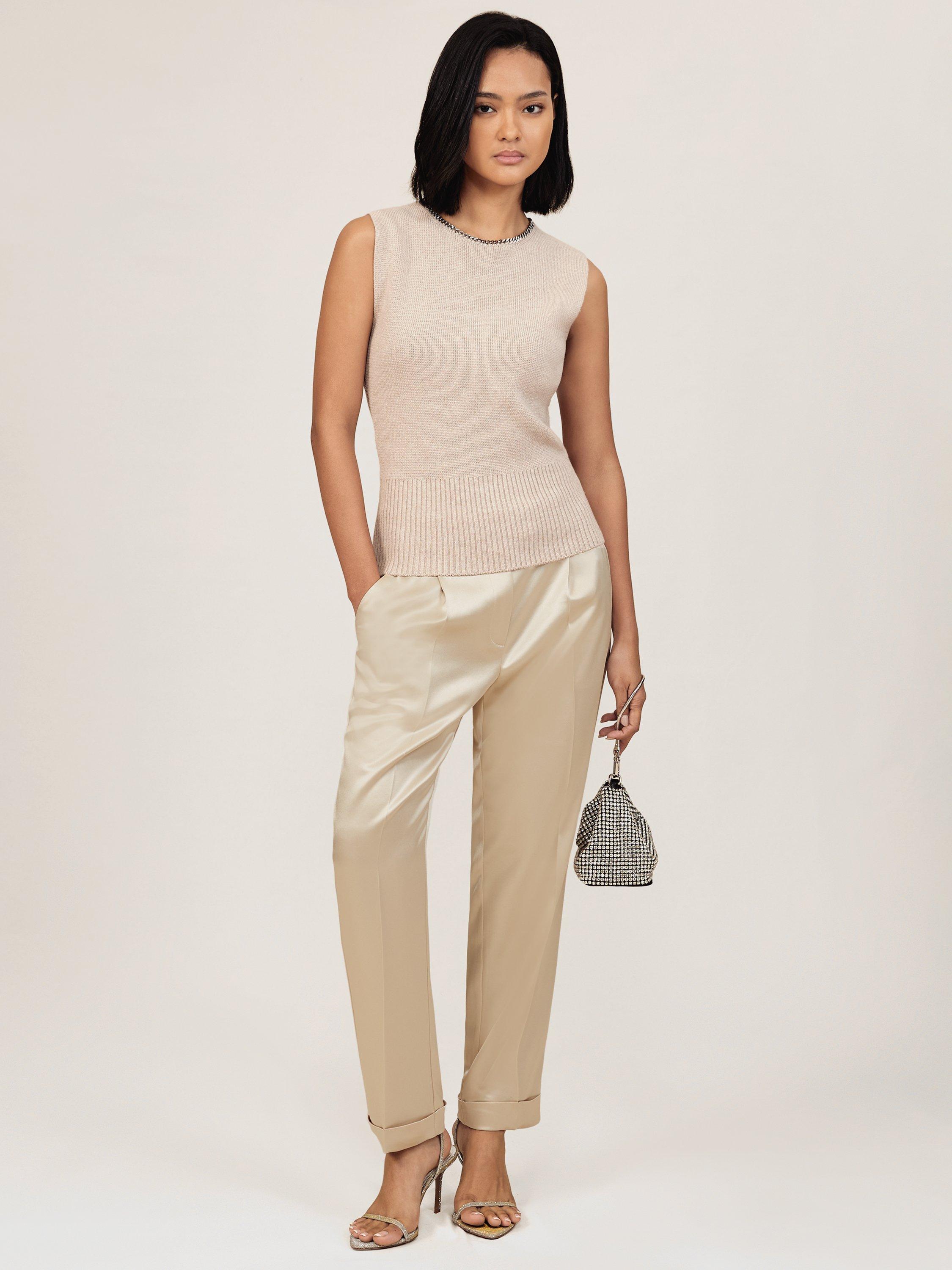 Product image 1 of 5, which shows Reiss Celia Tapered Satin Trousers, Neutral, 8R