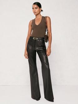 Reiss Petite Priya Pure Leather Flared Trousers, Black, Black