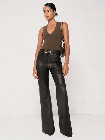 Reiss Petite Priya Pure Leather Flared Trousers, Black