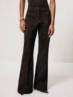 Reiss Petite Priya Pure Suede Flared Trousers, Chocolate Brown, Chocolate Brown