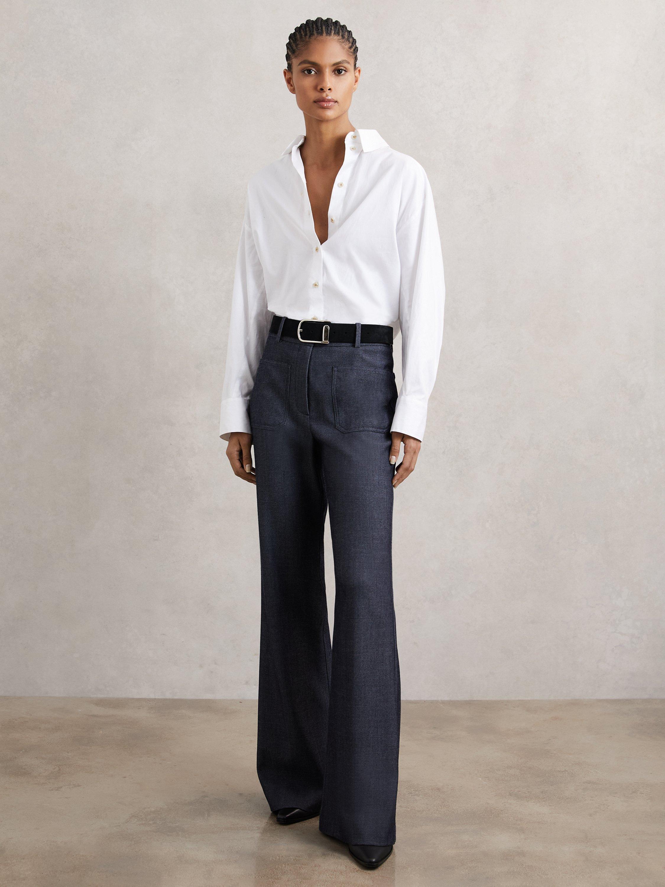 Product image 1 of 5, which shows Reiss Uma Flannel Flared Wool Blend Trousers, Blue, 8R