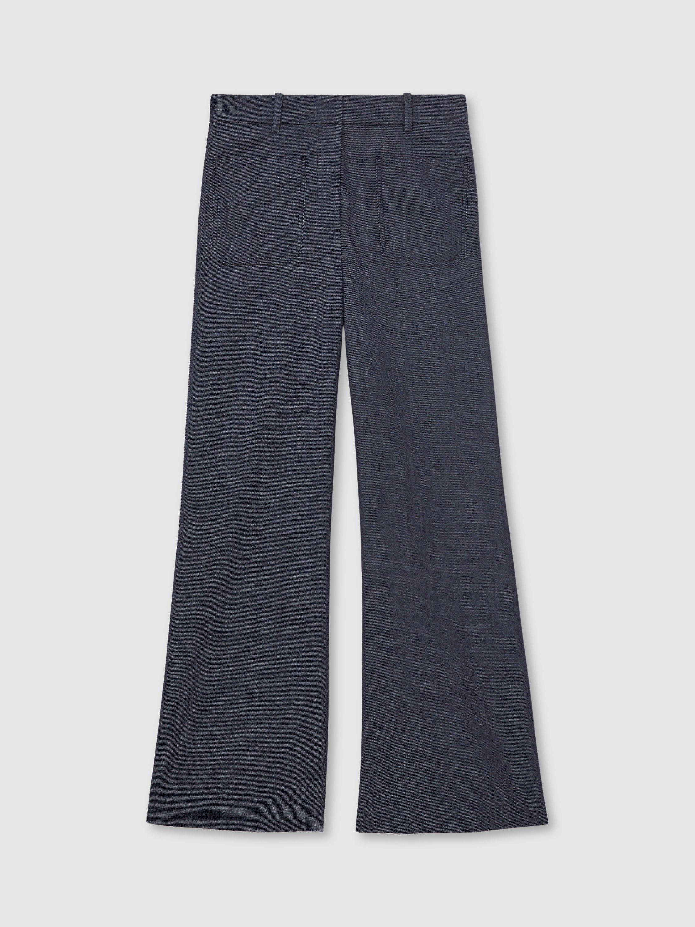 Product image 3 of 5, which shows Reiss Uma Flannel Flared Wool Blend Trousers, Blue, 8R