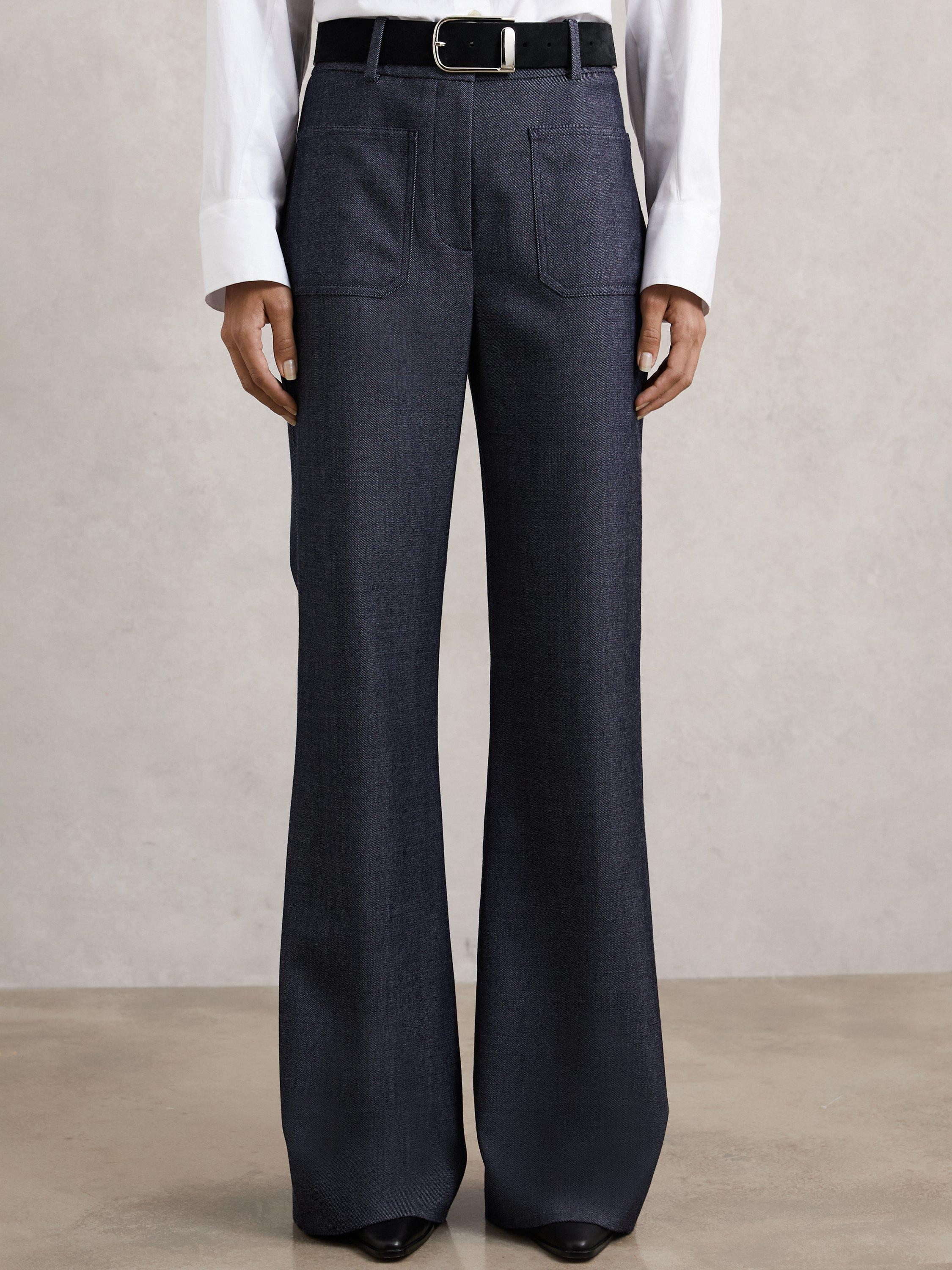 Product image 5 of 5, which shows Reiss Uma Flannel Flared Wool Blend Trousers, Blue, 8R