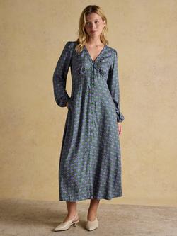 Joules Geometric V-Neck Midi Dress, Blue/Green, Blue/Green