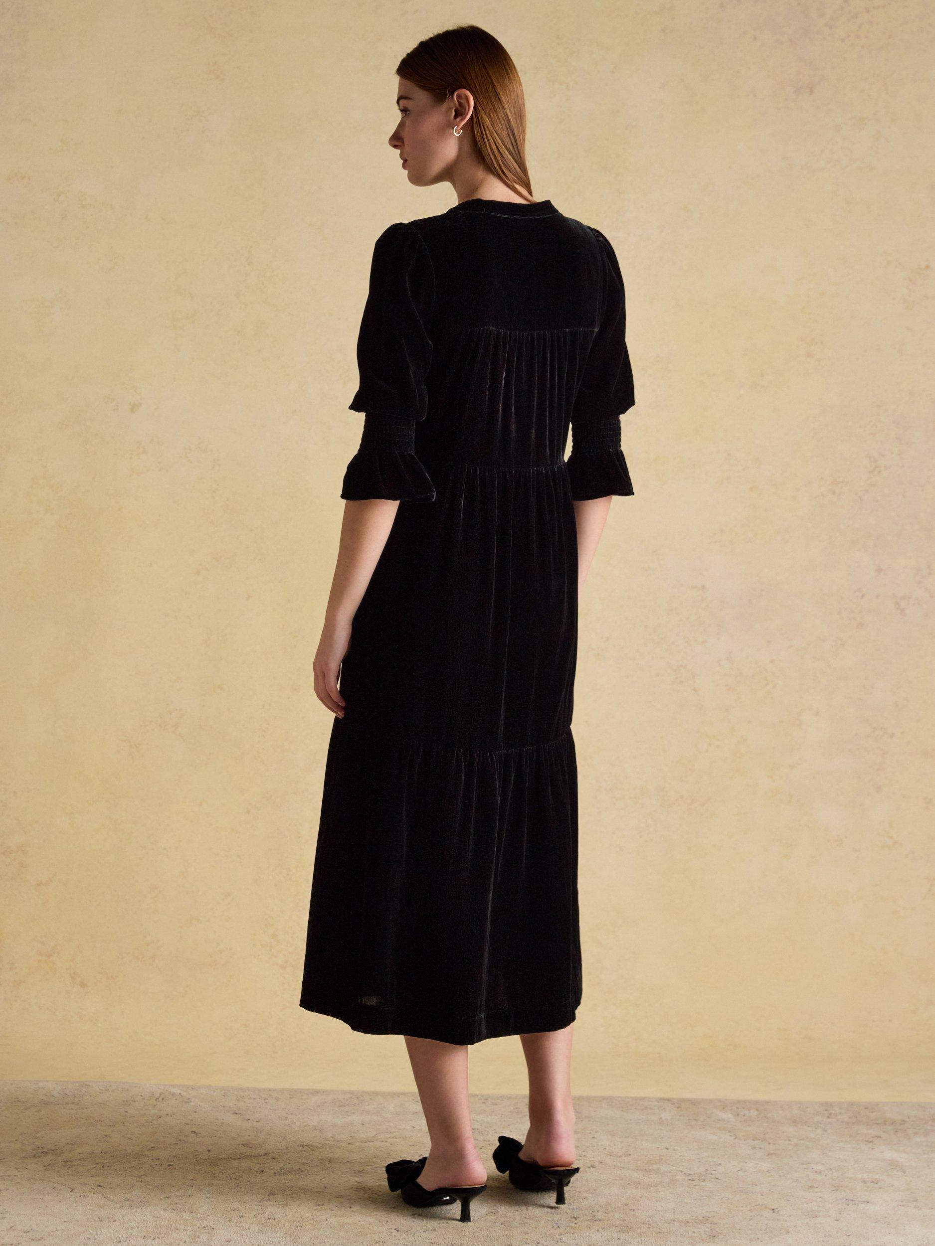 Joules Tiered Velvet Midi Dress, Black
