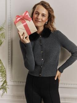 Hobbs Lulah Cashmere Blend Long Sleeve Button Collar Cardigan, Charcoal Grey