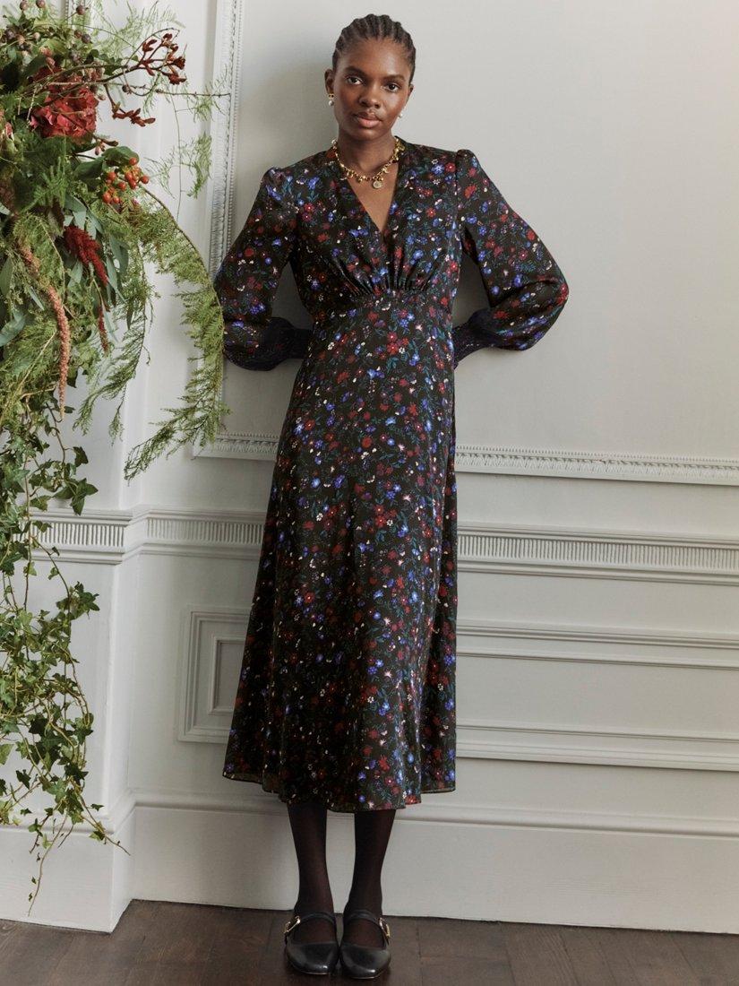 Product image 1 of 6, which shows Hobbs Isabella Floral Midi Dress, Black/Multi, 10