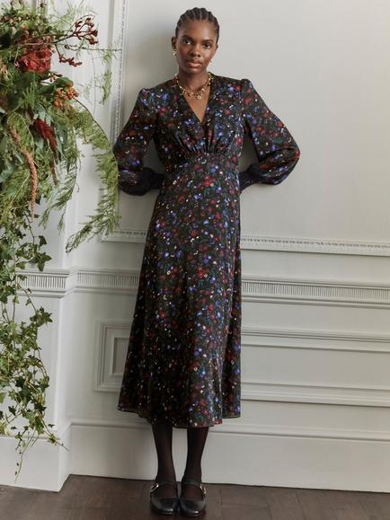 Hobbs Isabella Floral Midi Dress, Black/Multi, Black/Multi
