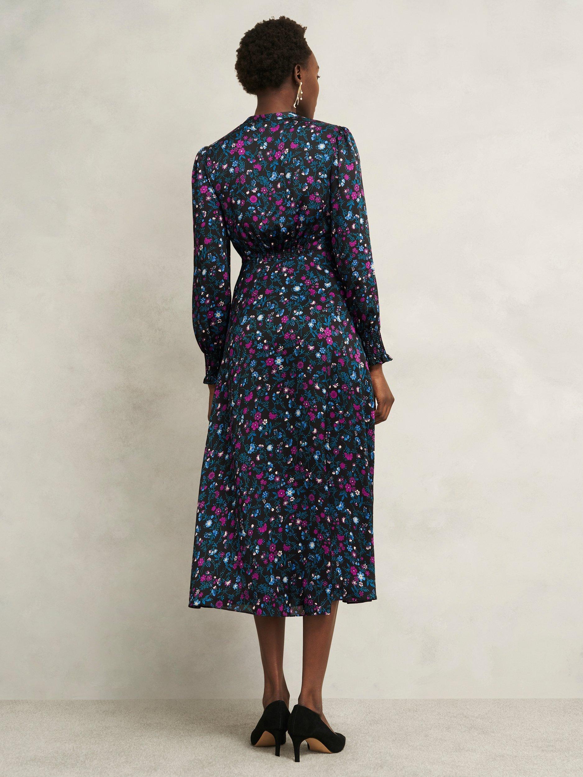 Product image 2 of 6, which shows Hobbs Isabella Floral Midi Dress, Black/Multi, 10
