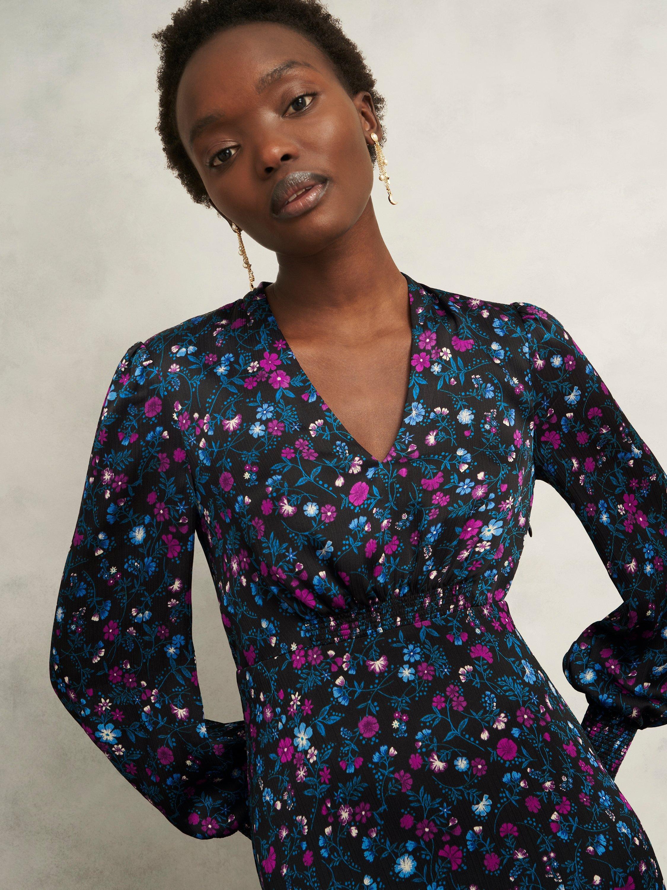 Product image 3 of 6, which shows Hobbs Isabella Floral Midi Dress, Black/Multi, 10