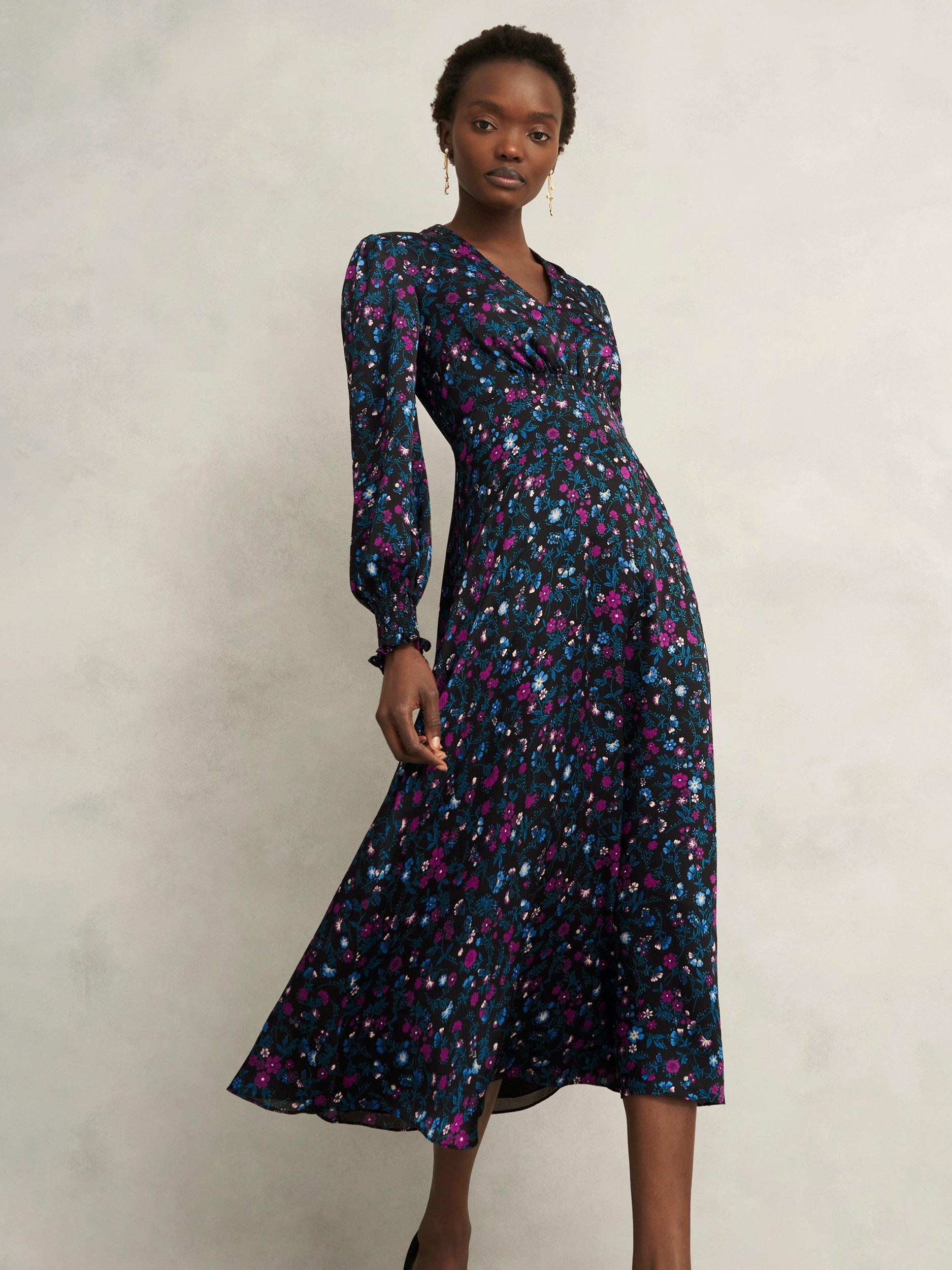 Product image 6 of 6, which shows Hobbs Isabella Floral Midi Dress, Black/Multi, 10