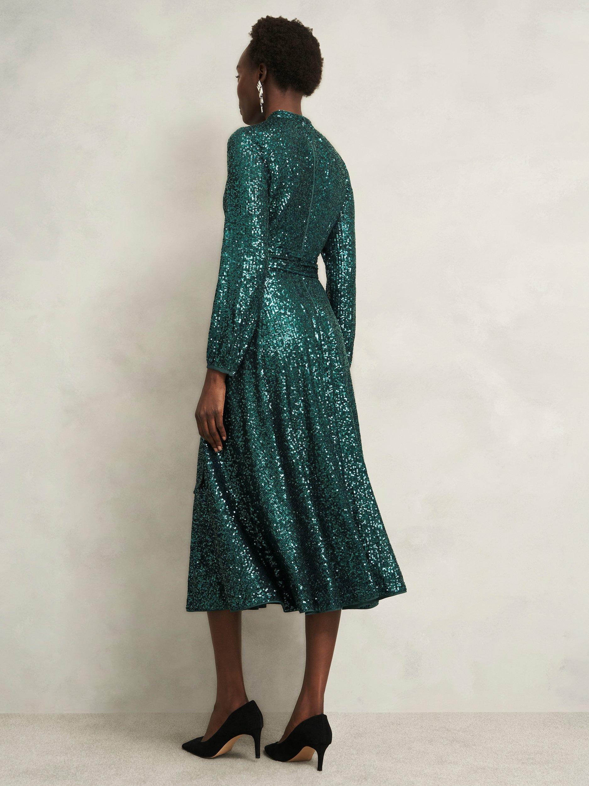 Product image 2 of 6, which shows Hobbs Meadow Sequin Midi Dress, Evergreen, 12