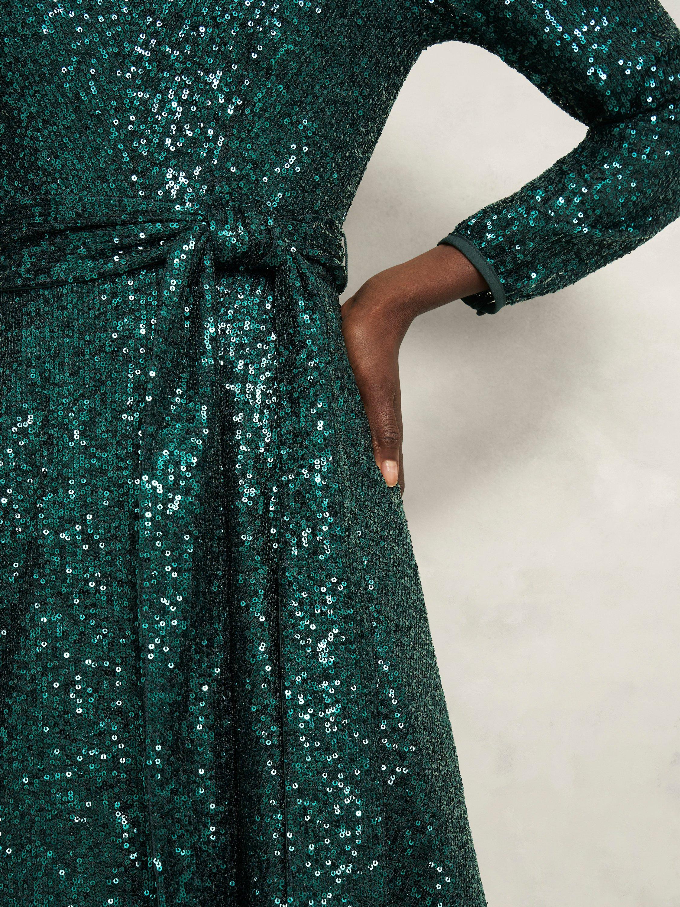 Product image 3 of 6, which shows Hobbs Meadow Sequin Midi Dress, Evergreen, 12