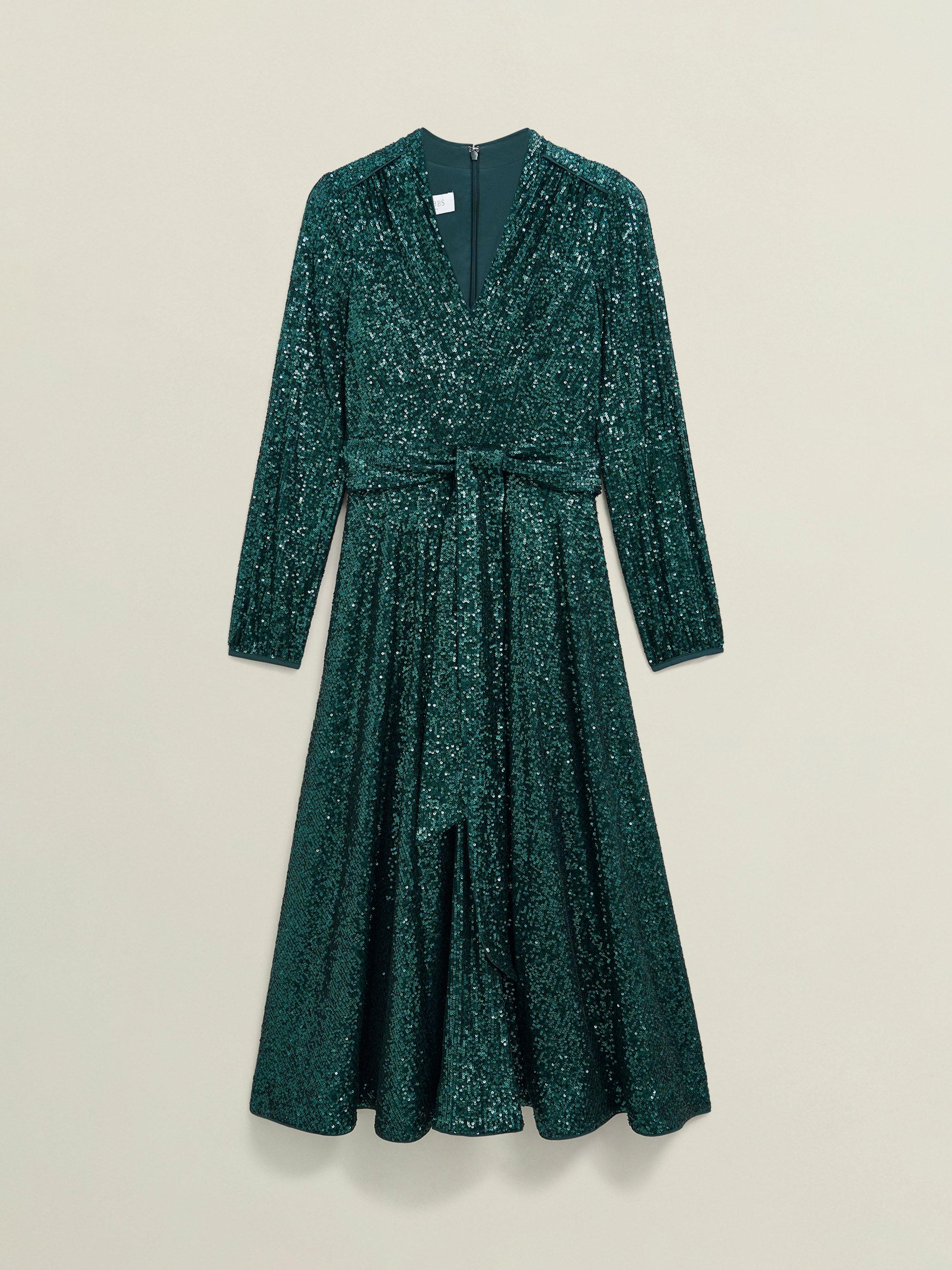 Product image 4 of 6, which shows Hobbs Meadow Sequin Midi Dress, Evergreen, 12
