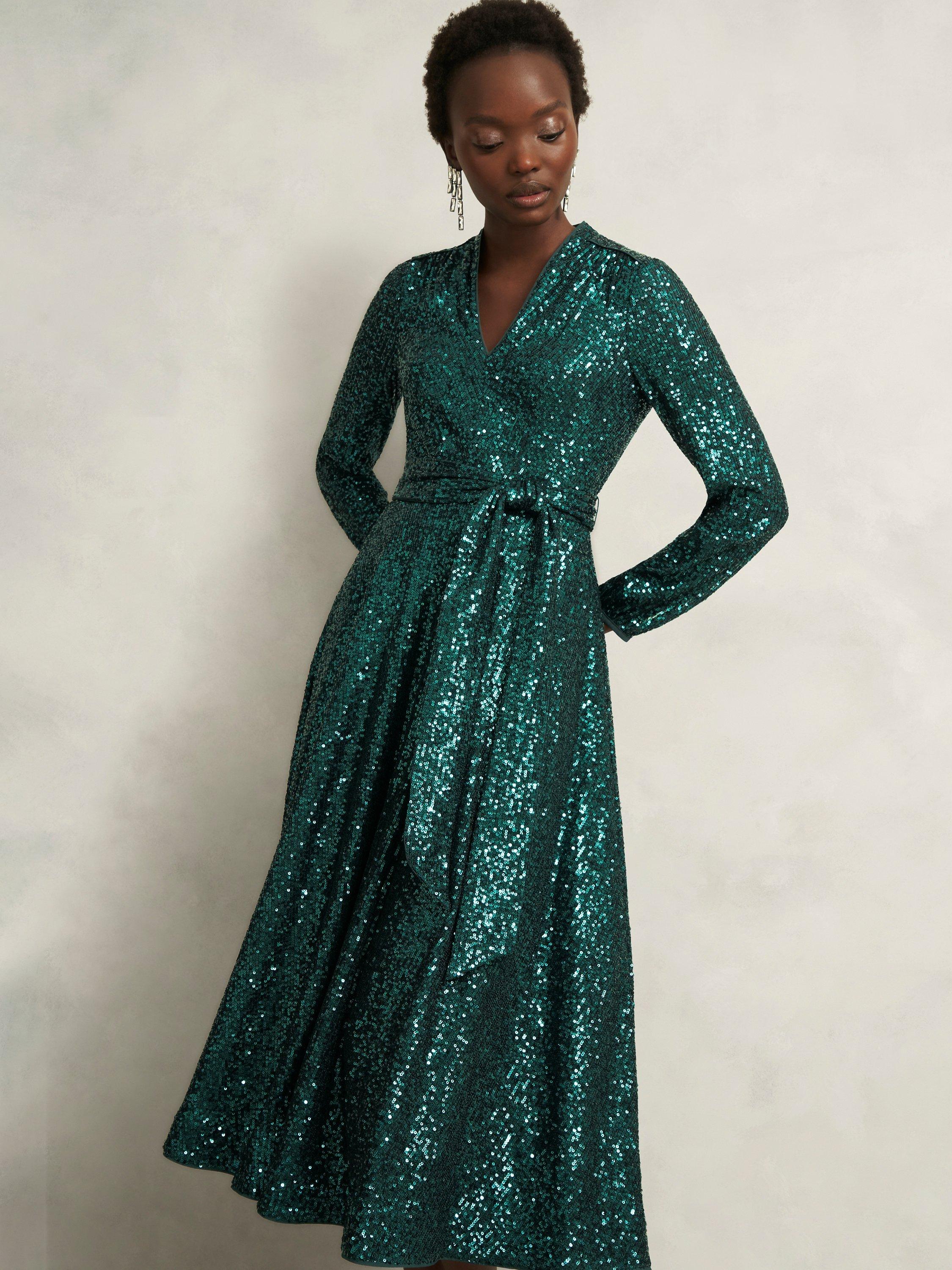 Product image 5 of 6, which shows Hobbs Meadow Sequin Midi Dress, Evergreen, 12