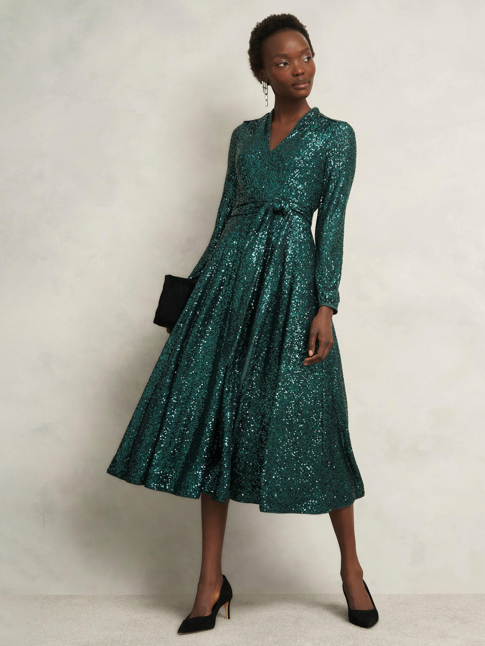 Product image 6 of 6, which shows Hobbs Meadow Sequin Midi Dress, Evergreen, 12
