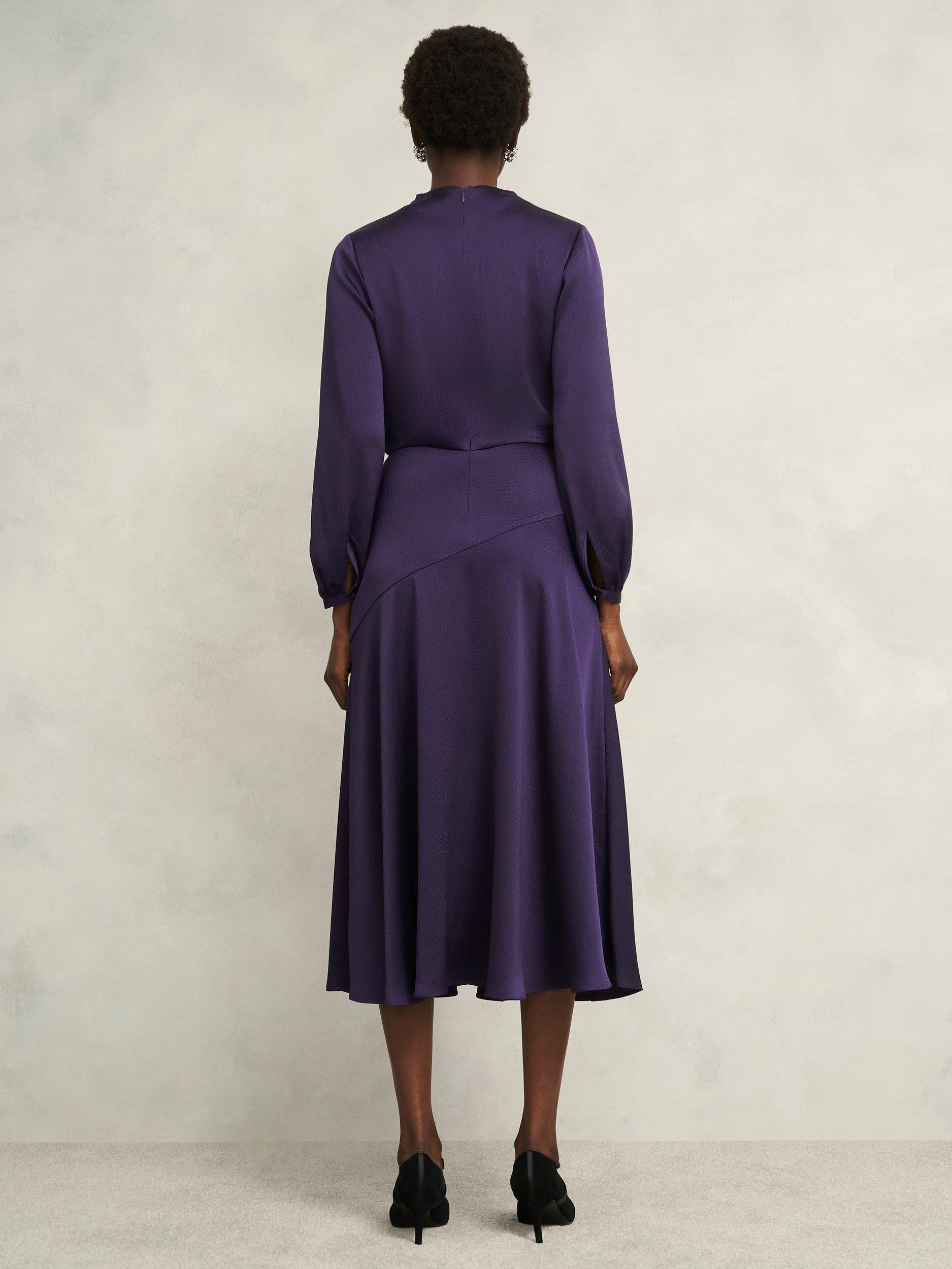 Product image 2 of 7, which shows Hobbs Pearl Drape Midi Dress, Midnight Purple, 10