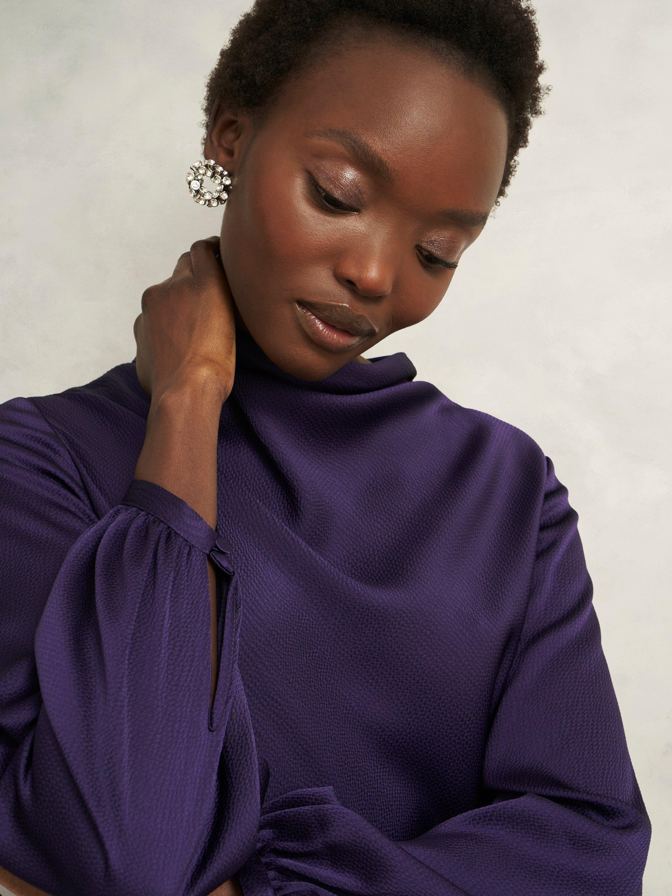 Product image 3 of 7, which shows Hobbs Pearl Drape Midi Dress, Midnight Purple, 10