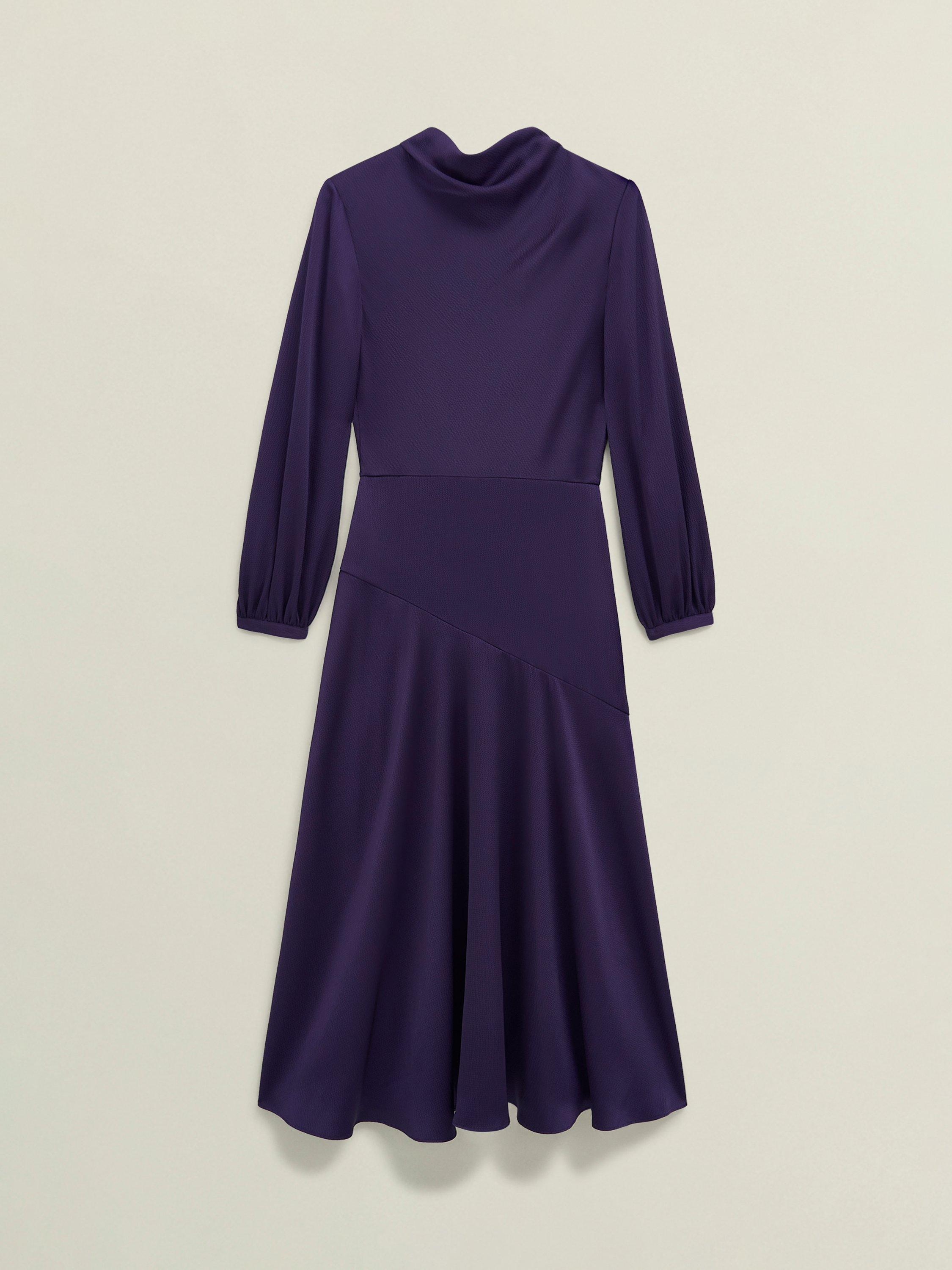 Product image 4 of 7, which shows Hobbs Pearl Drape Midi Dress, Midnight Purple, 10