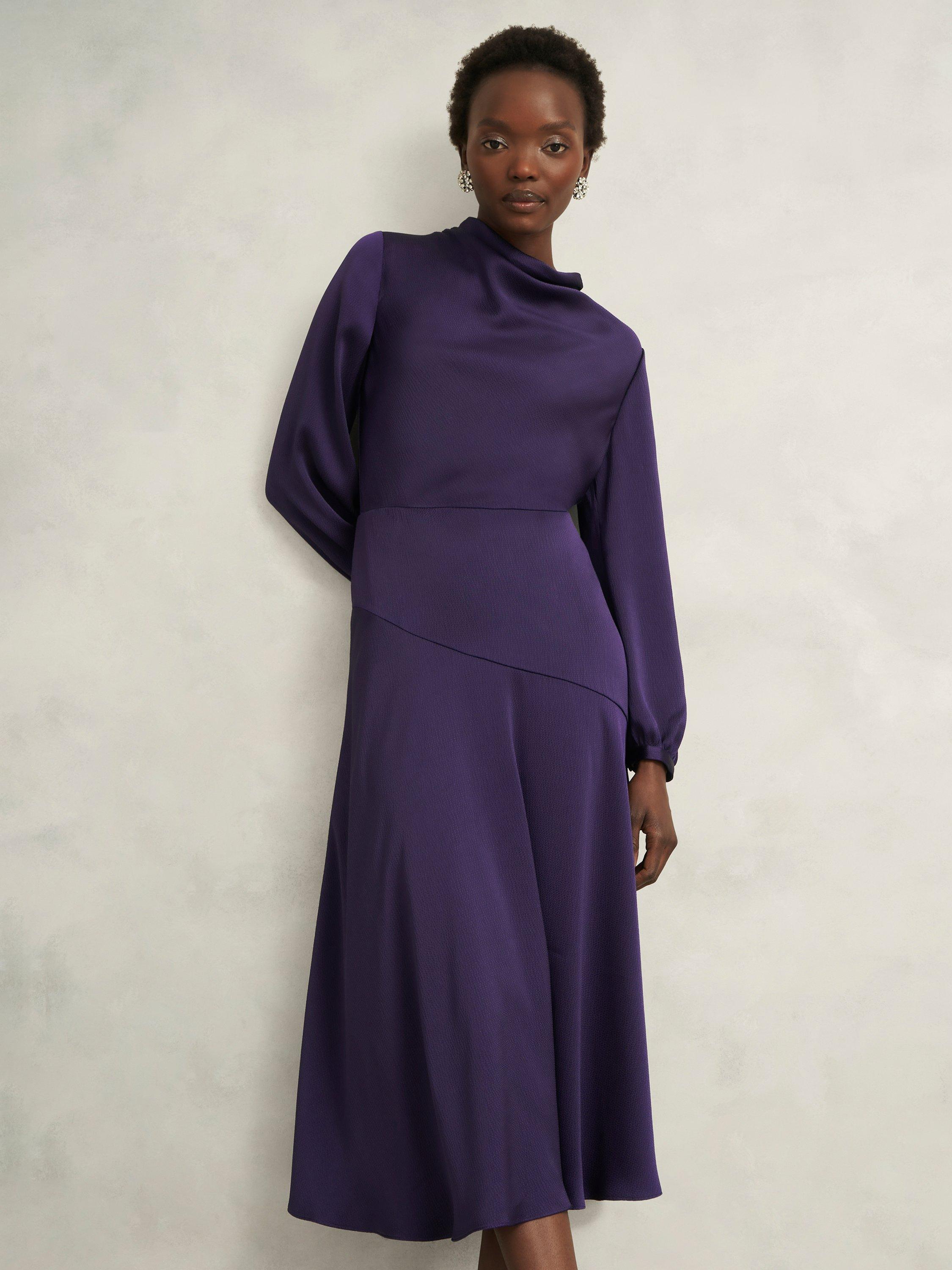 Product image 5 of 7, which shows Hobbs Pearl Drape Midi Dress, Midnight Purple, 10