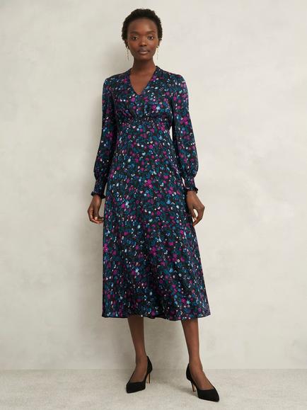 Hobbs Petite Isabella Floral Midi Dress, Black/Multi, Black/Multi