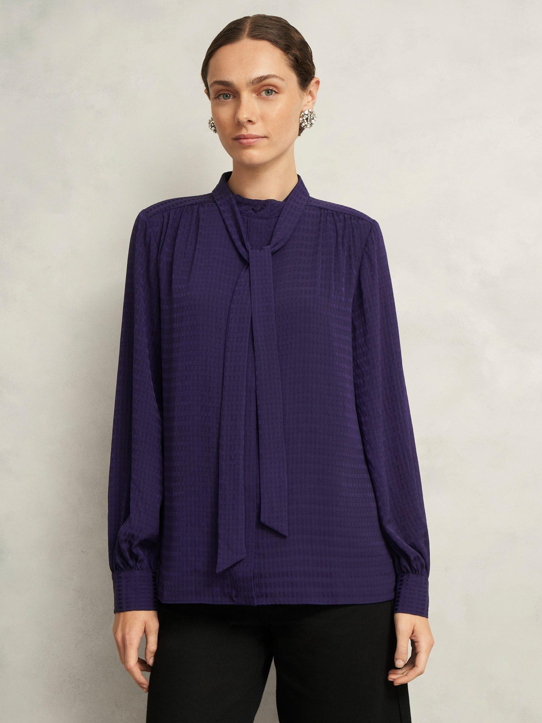 Hobbs Gabrielle Jacquard Tie Neck Top, Midnight Purple