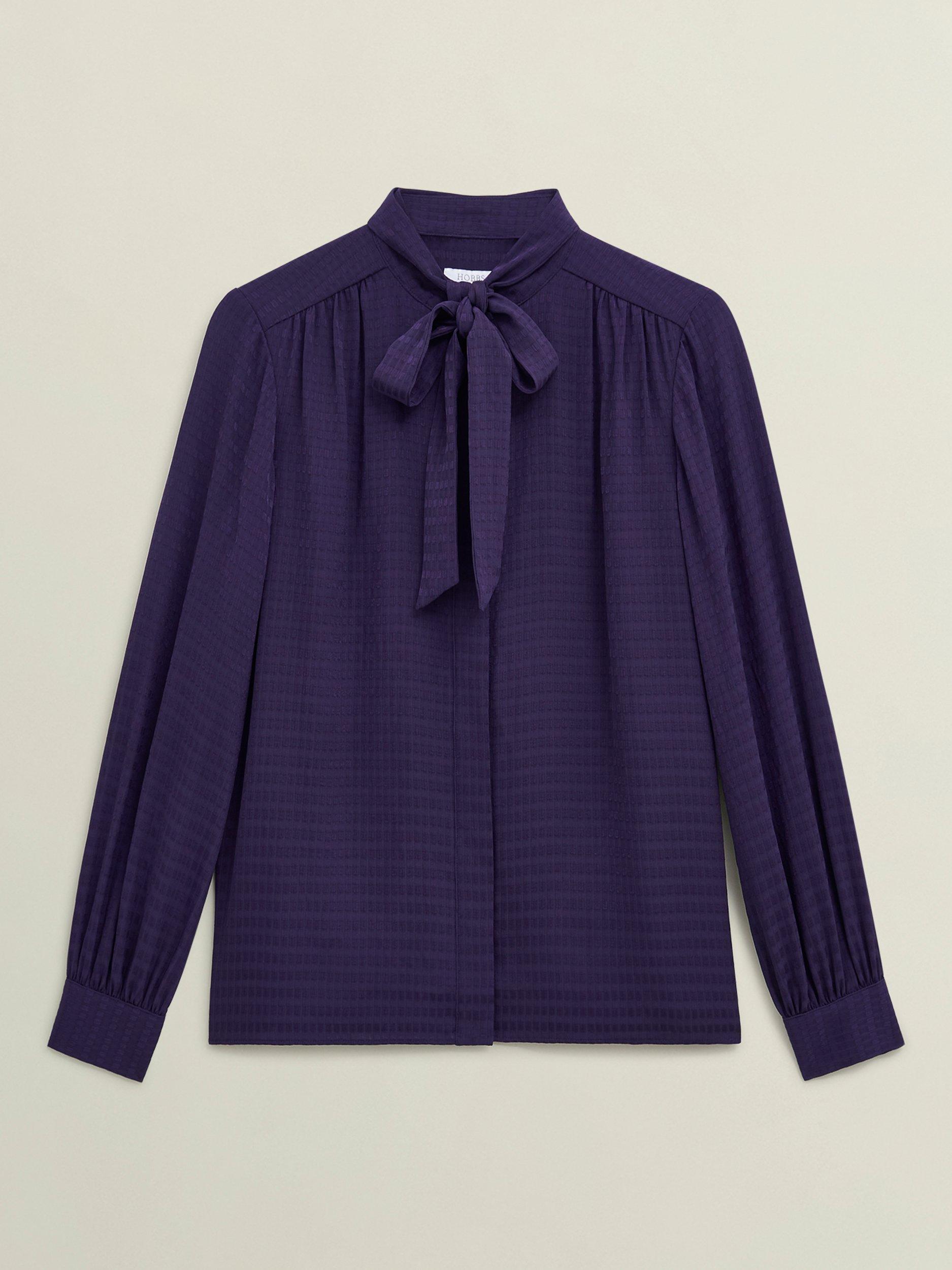 Hobbs Gabrielle Jacquard Tie Neck Top, Midnight Purple