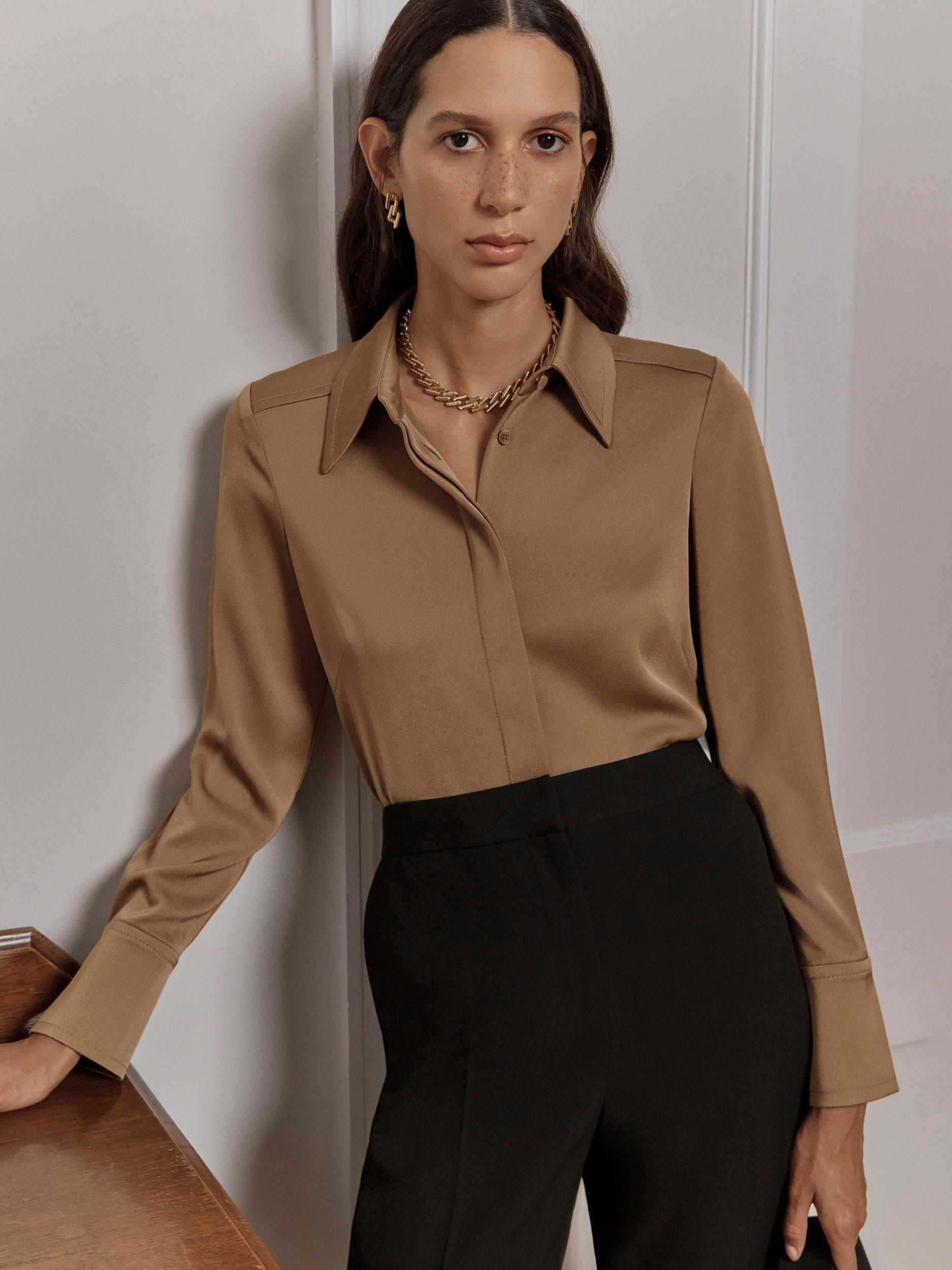 Product image 1 of 7, which shows Hobbs Gresham Satin Long Sleeve Shirt, Camel, 10