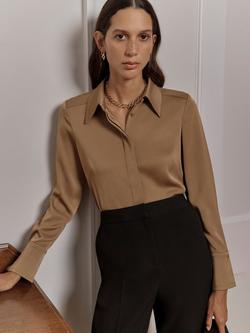 Hobbs Gresham Satin Long Sleeve Shirt, Camel, Camel