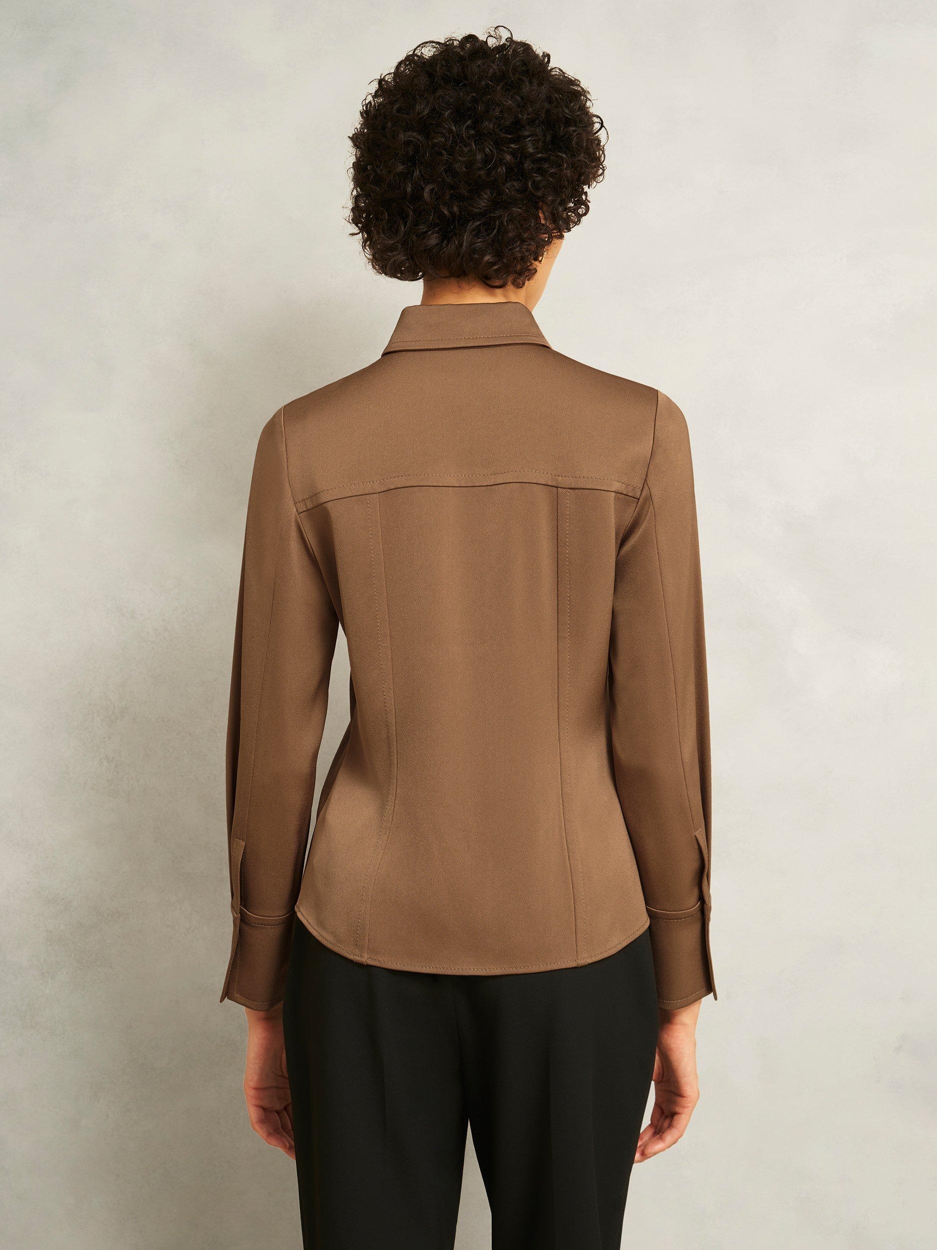 Product image 2 of 7, which shows Hobbs Gresham Satin Long Sleeve Shirt, Camel, 10